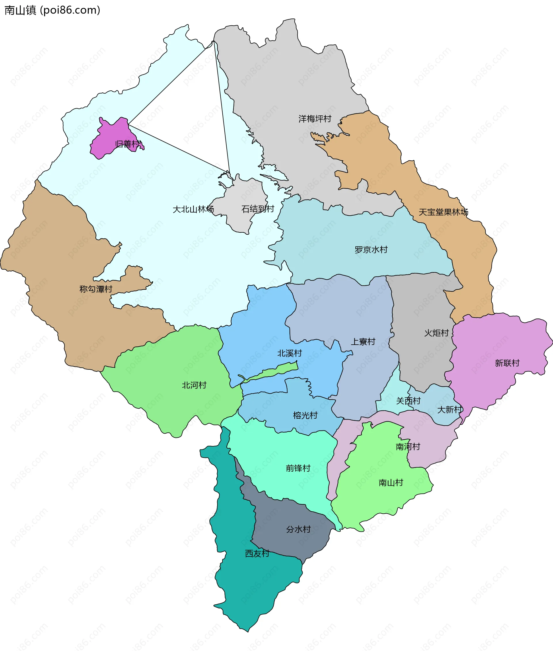 南山镇边界地图(五级行政区划)