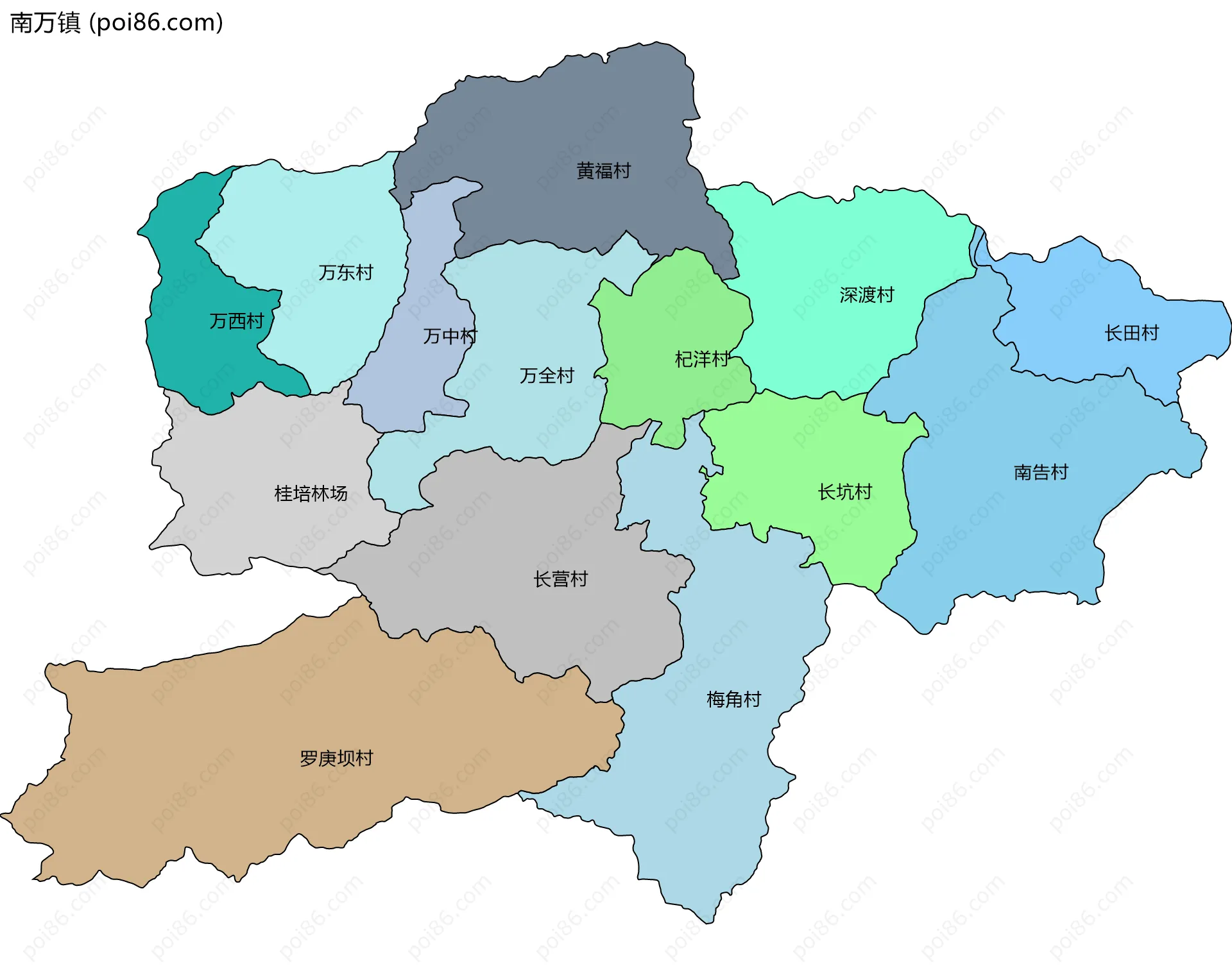 南万镇边界地图(五级行政区划)