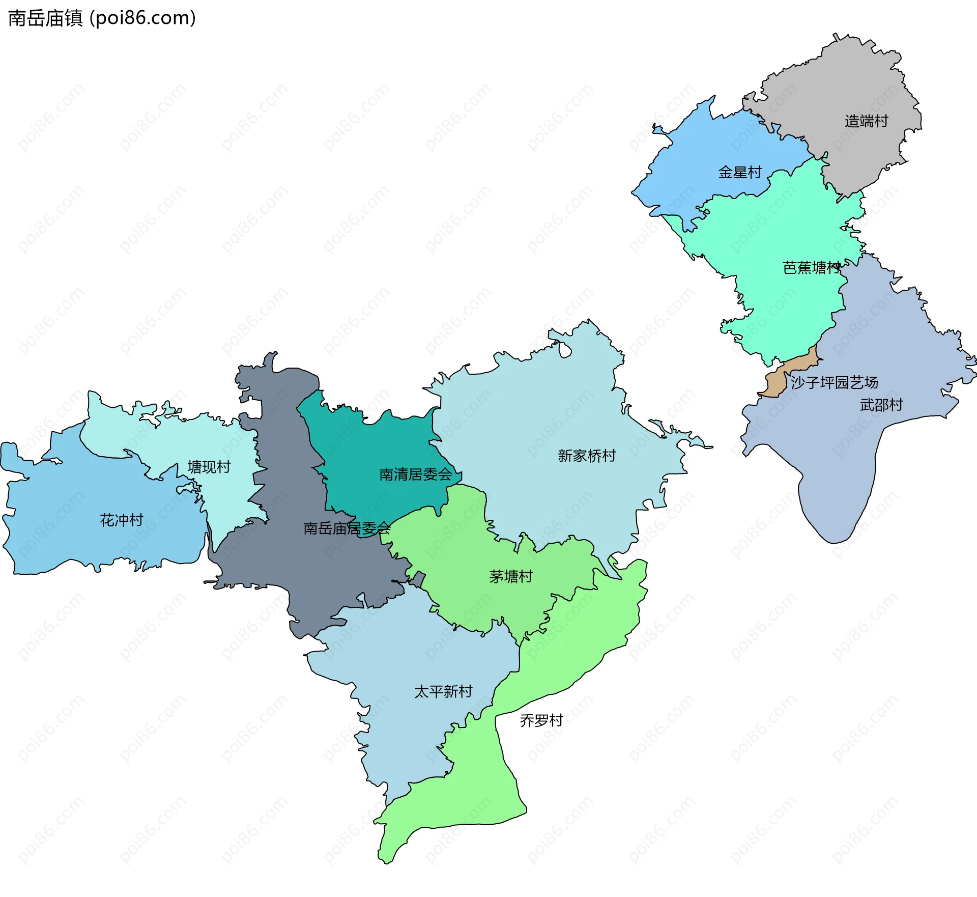南岳庙镇边界地图(五级行政区划)