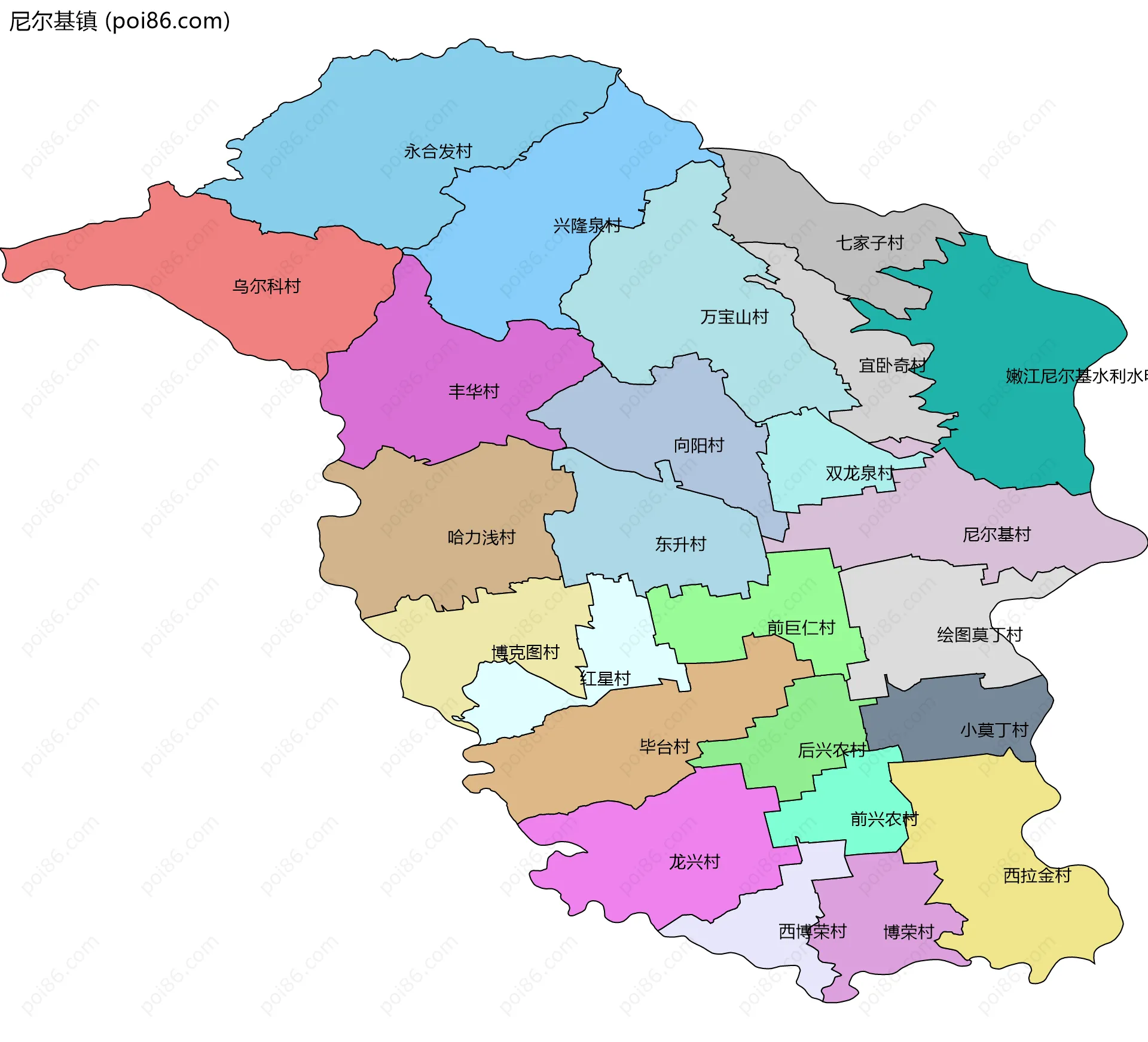 尼尔基镇边界地图(五级行政区划)