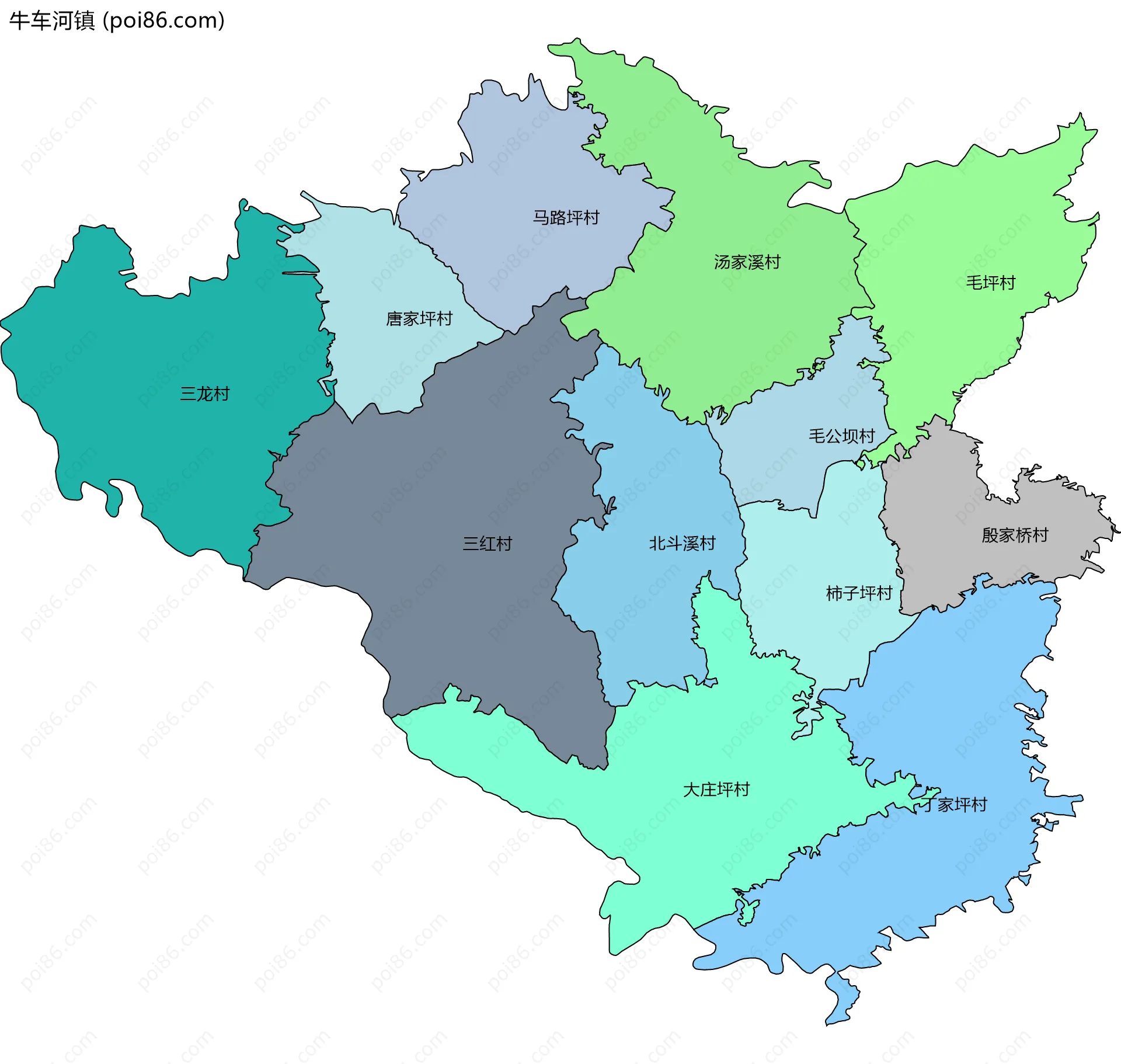 牛车河镇边界地图(五级行政区划)