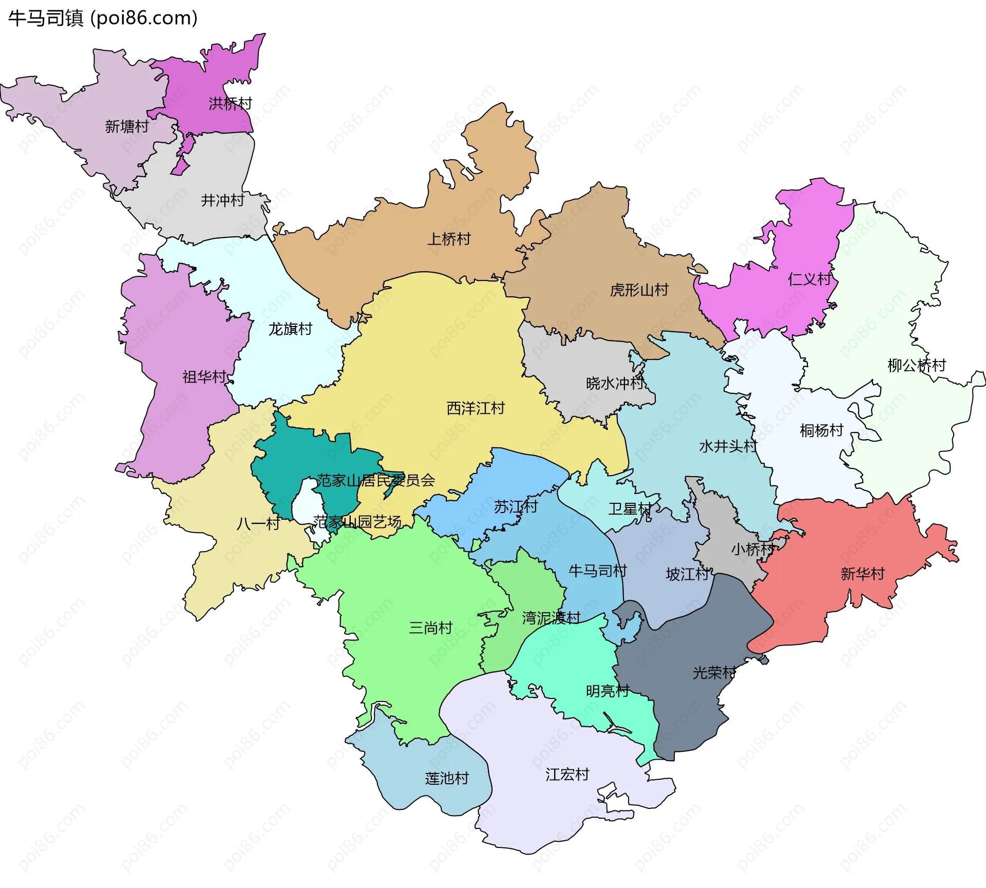 牛马司镇边界地图(五级行政区划)