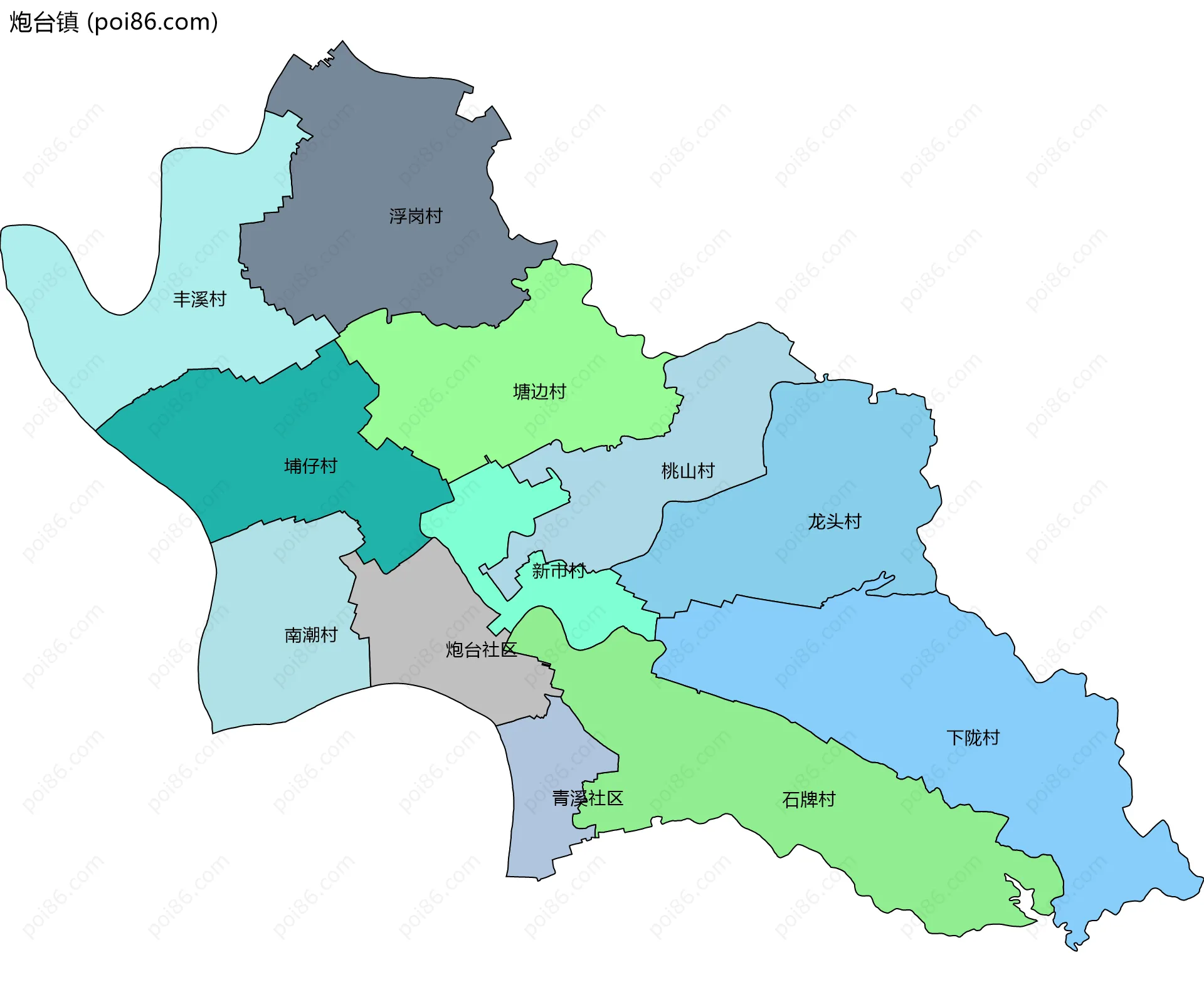 炮台镇边界地图(五级行政区划)