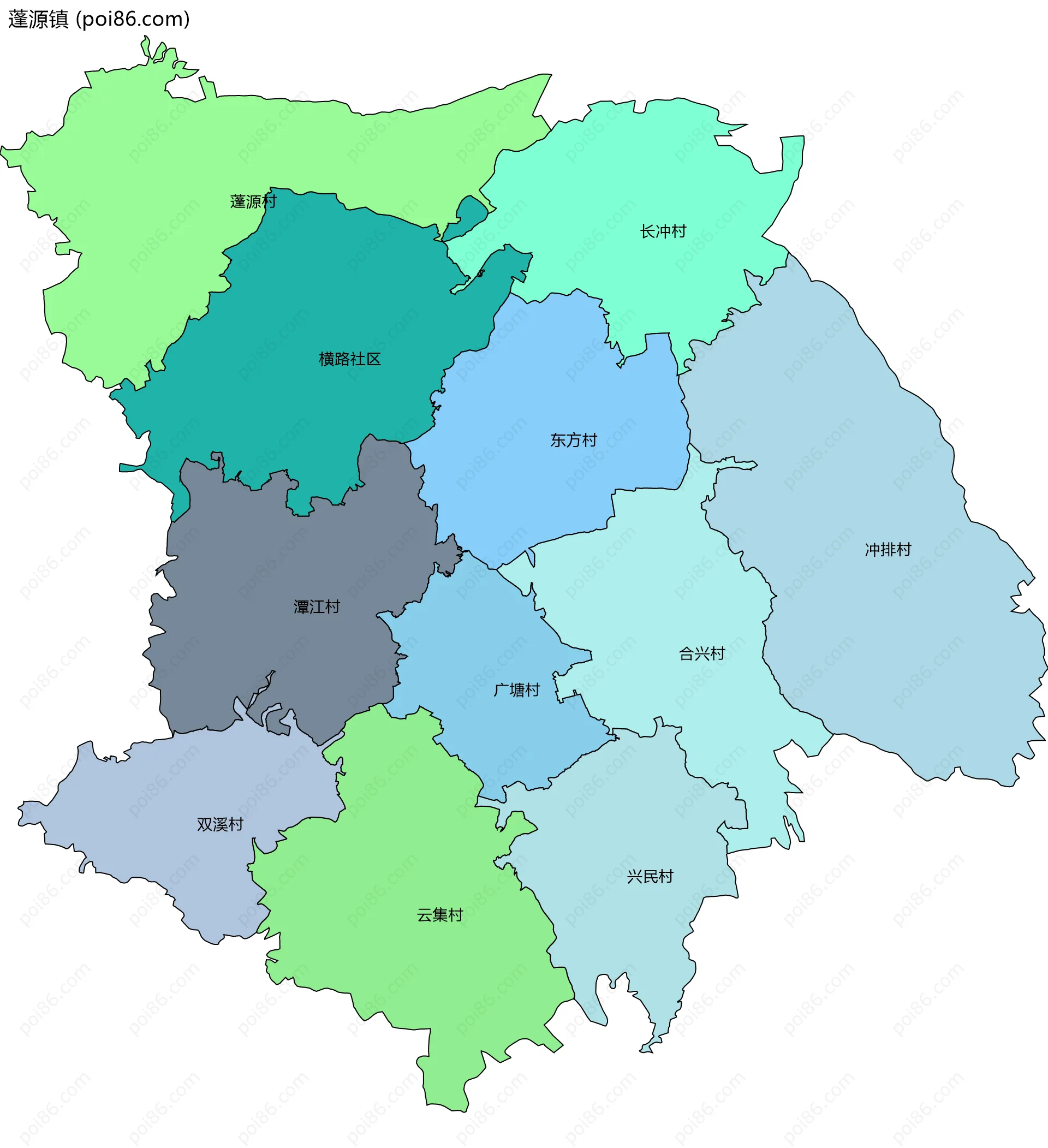 蓬源镇边界地图(五级行政区划)