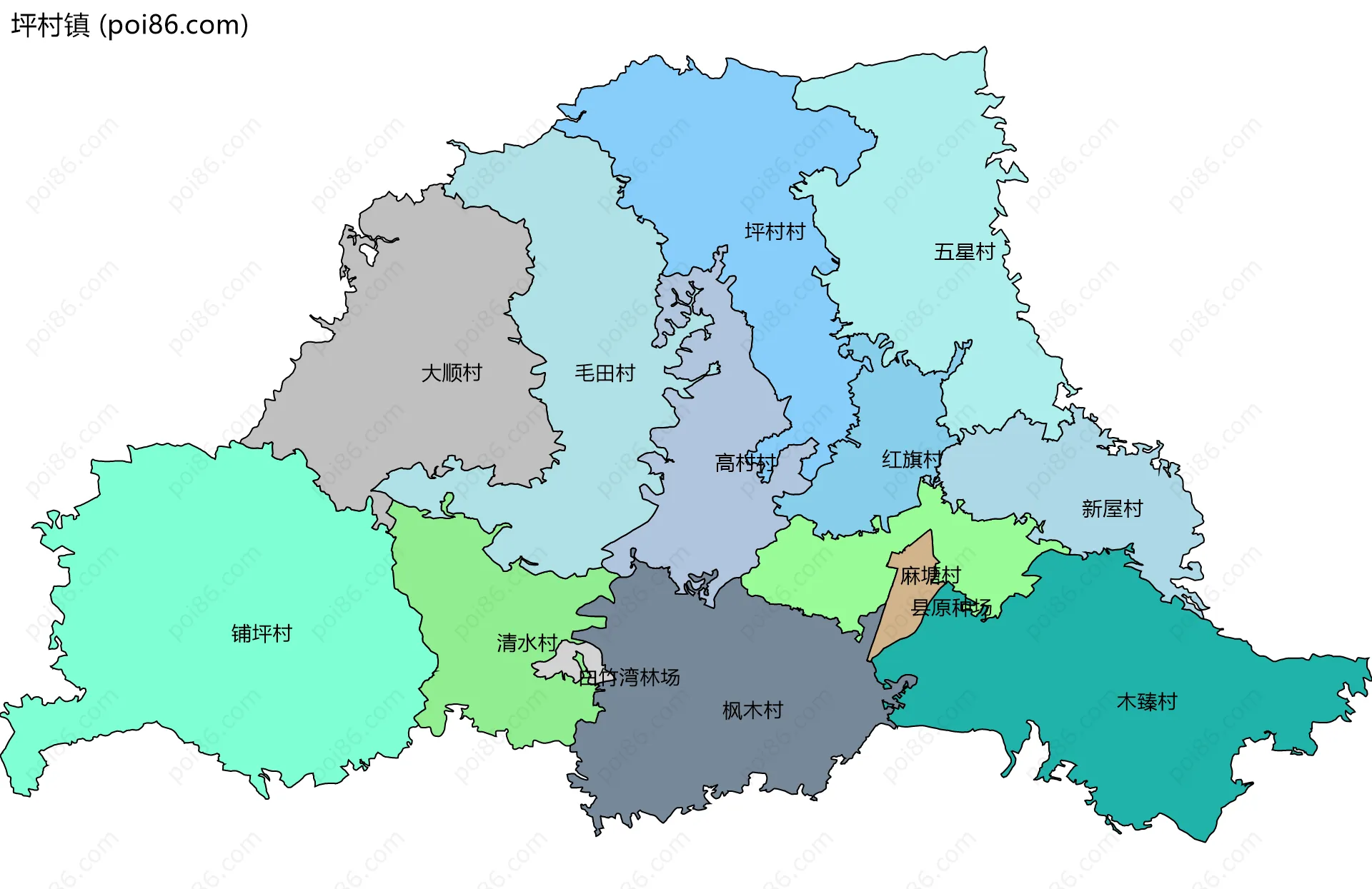 坪村镇边界地图(五级行政区划)