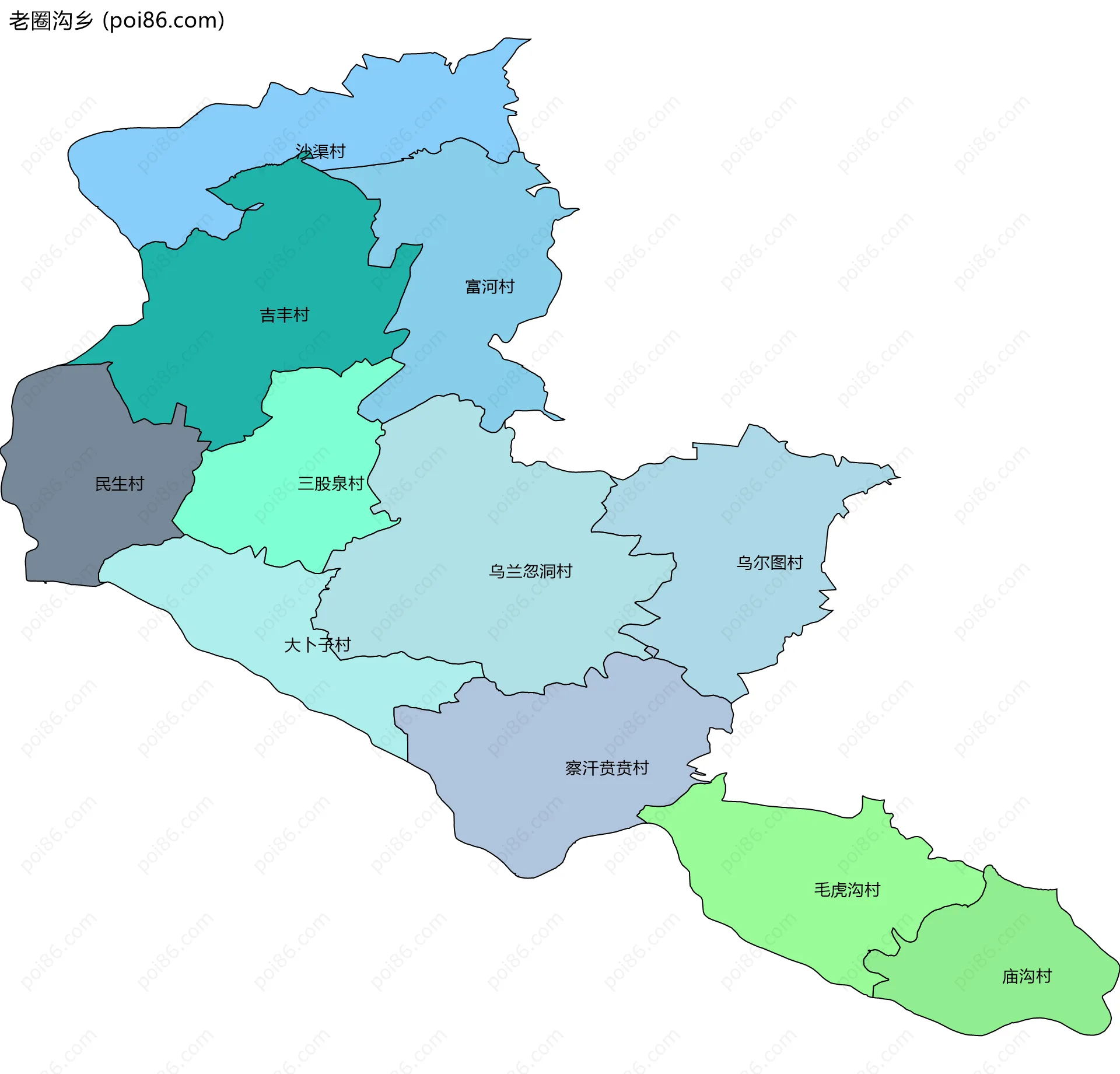 老圈沟乡边界地图(五级行政区划)
