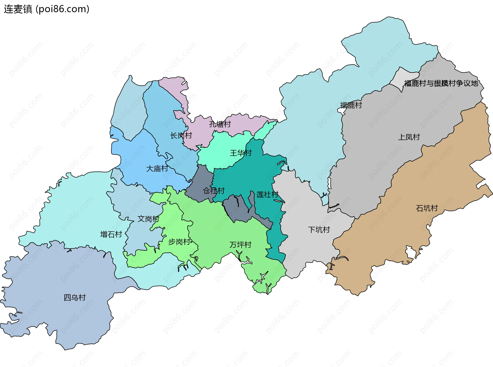 连麦镇边界地图(五级行政区划)