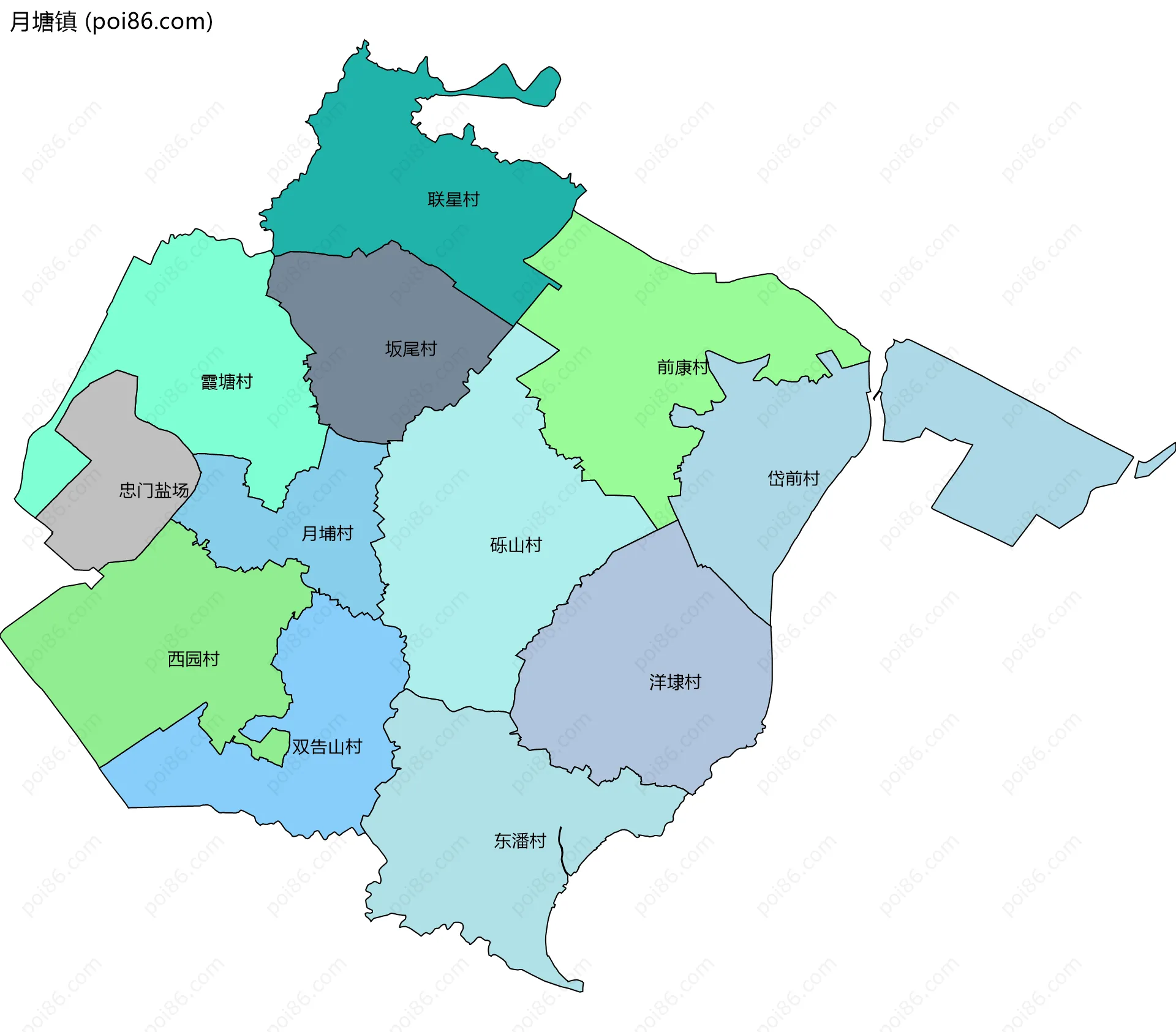 月塘镇边界地图(五级行政区划)