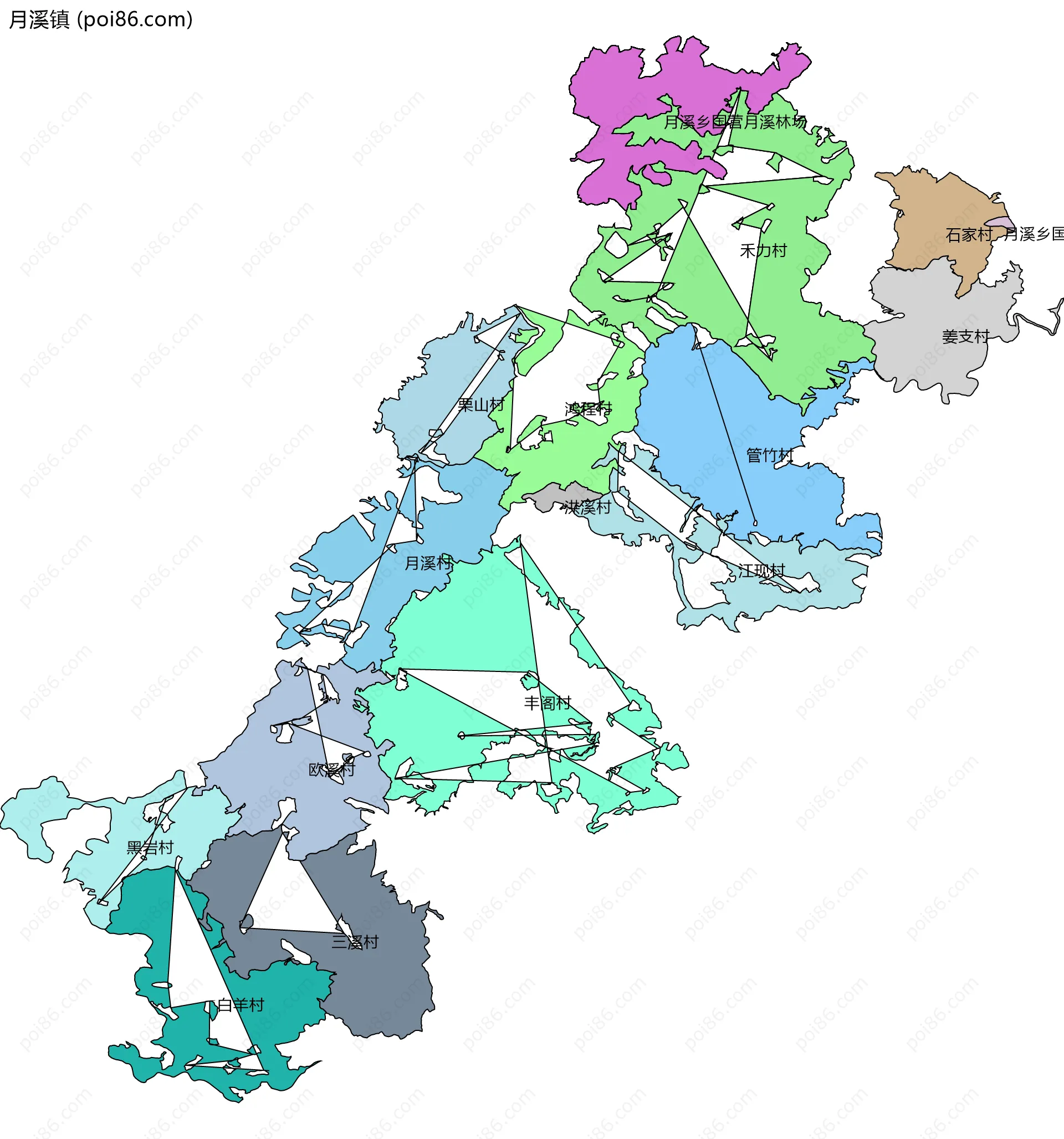月溪镇边界地图(五级行政区划)