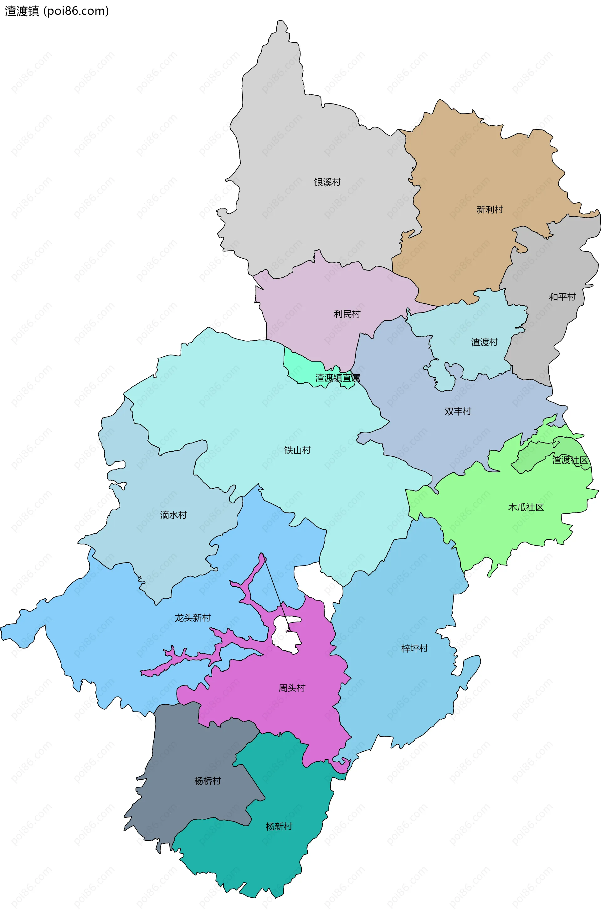 渣渡镇边界地图(五级行政区划)