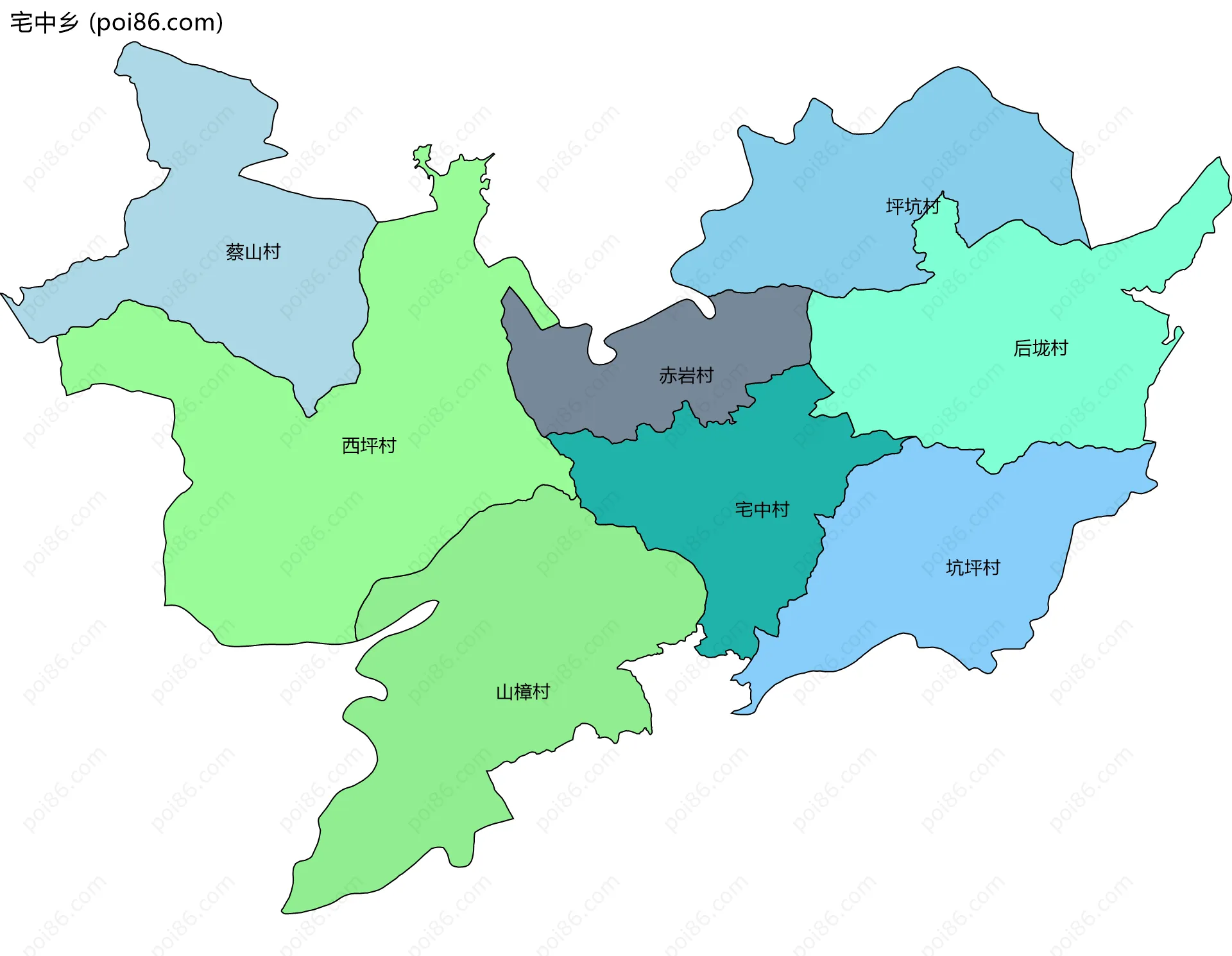宅中乡边界地图(五级行政区划)