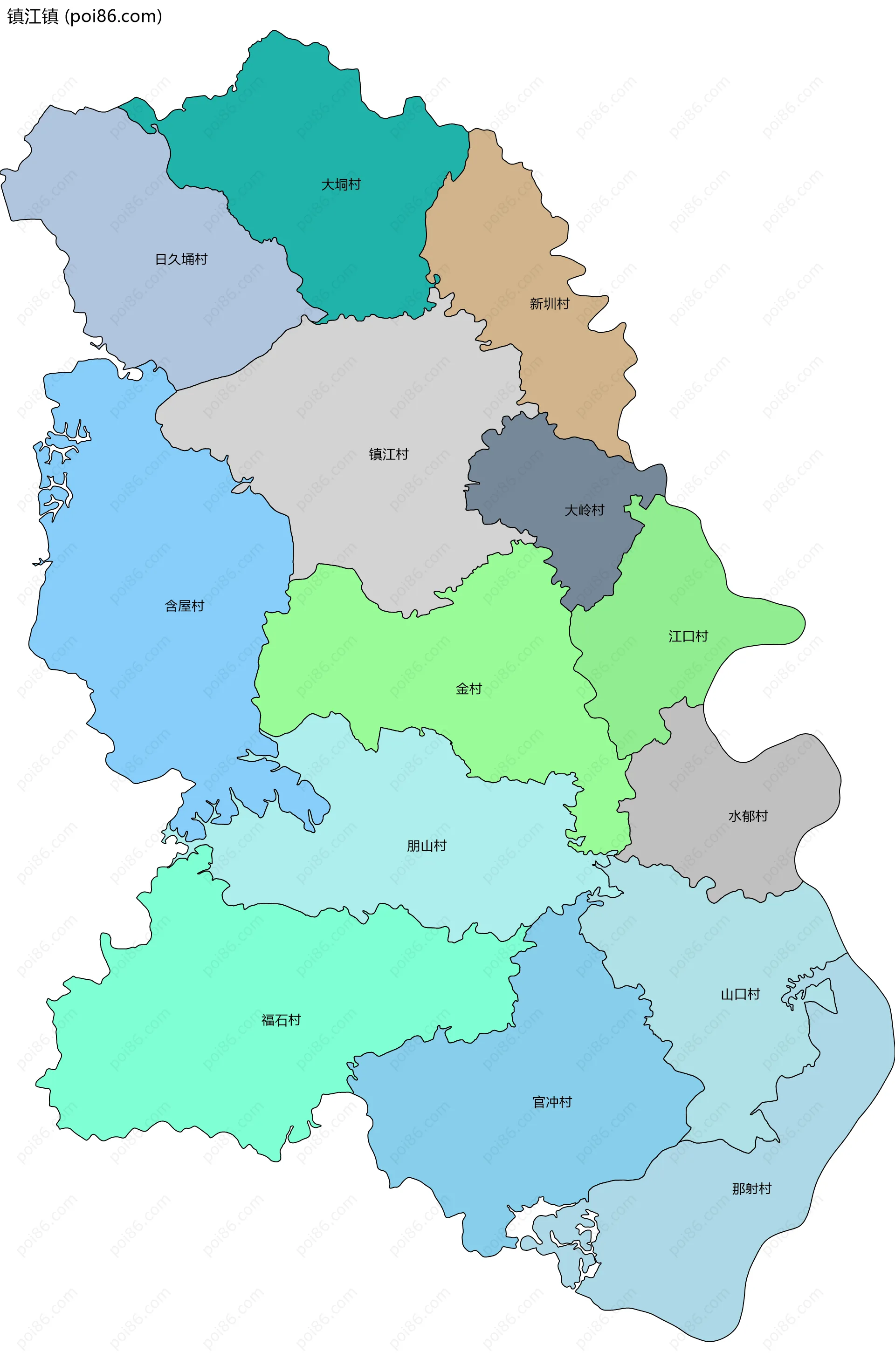 镇江镇边界地图(五级行政区划)