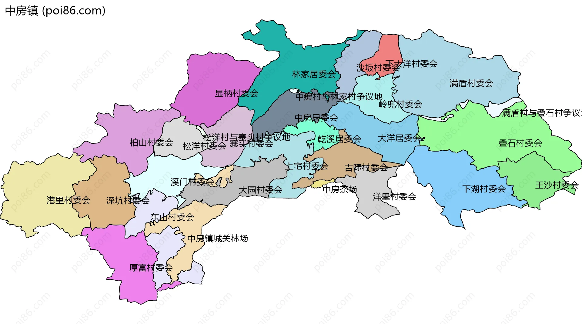 中房镇边界地图(五级行政区划)