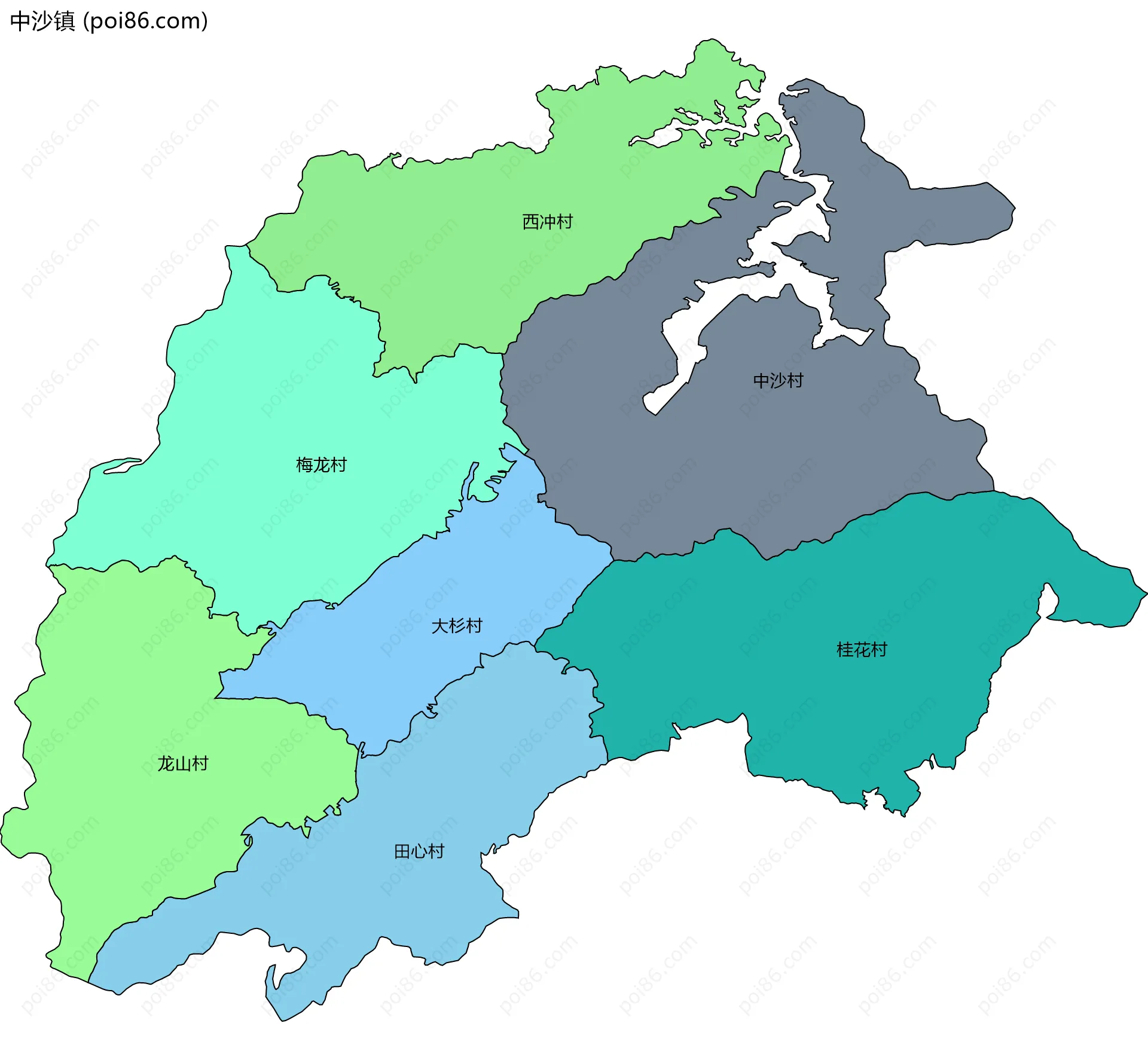 中沙镇边界地图(五级行政区划)