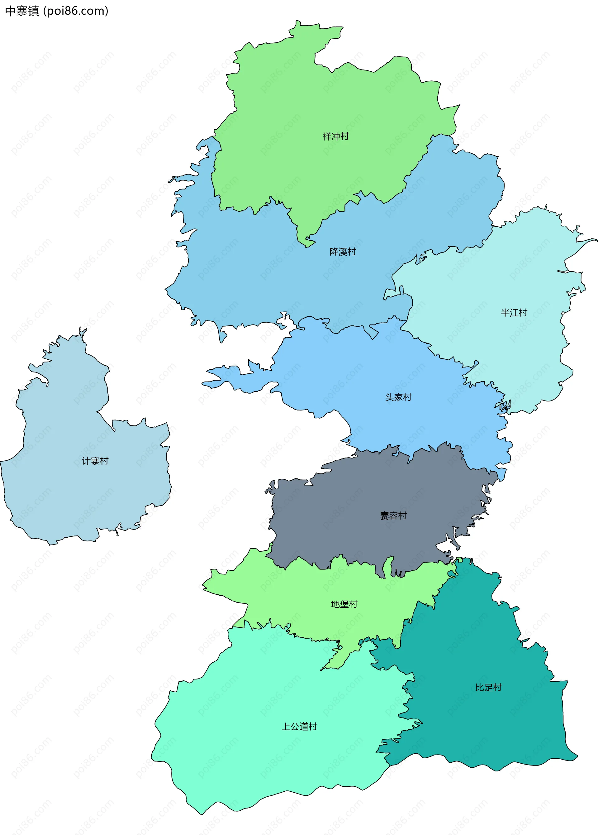 中寨镇边界地图(五级行政区划)