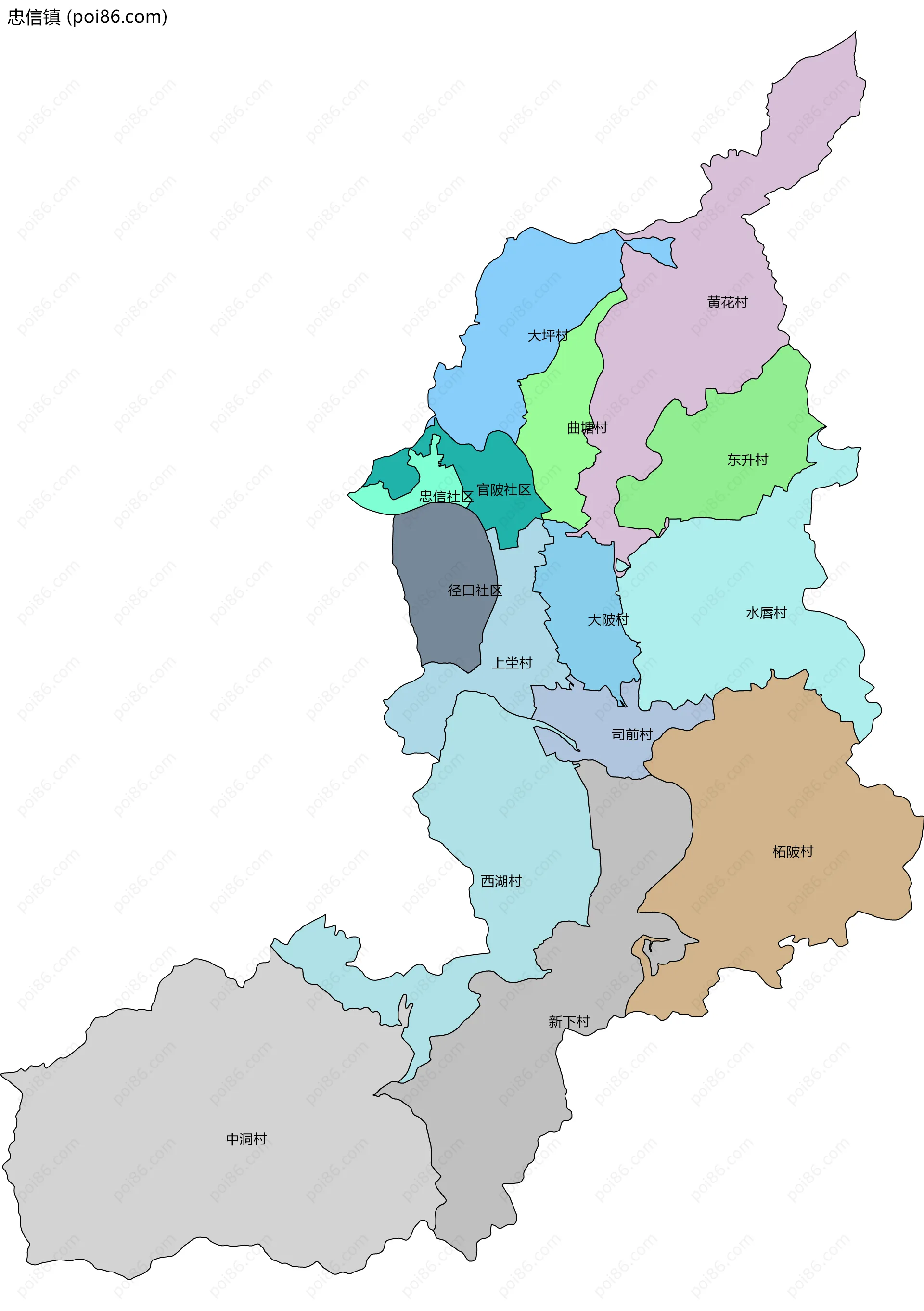 忠信镇边界地图(五级行政区划)