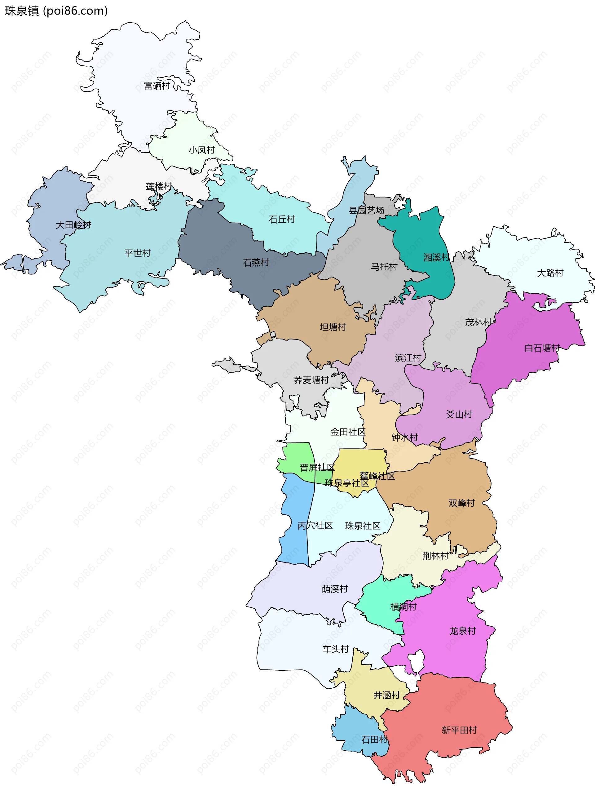 珠泉镇边界地图(五级行政区划)