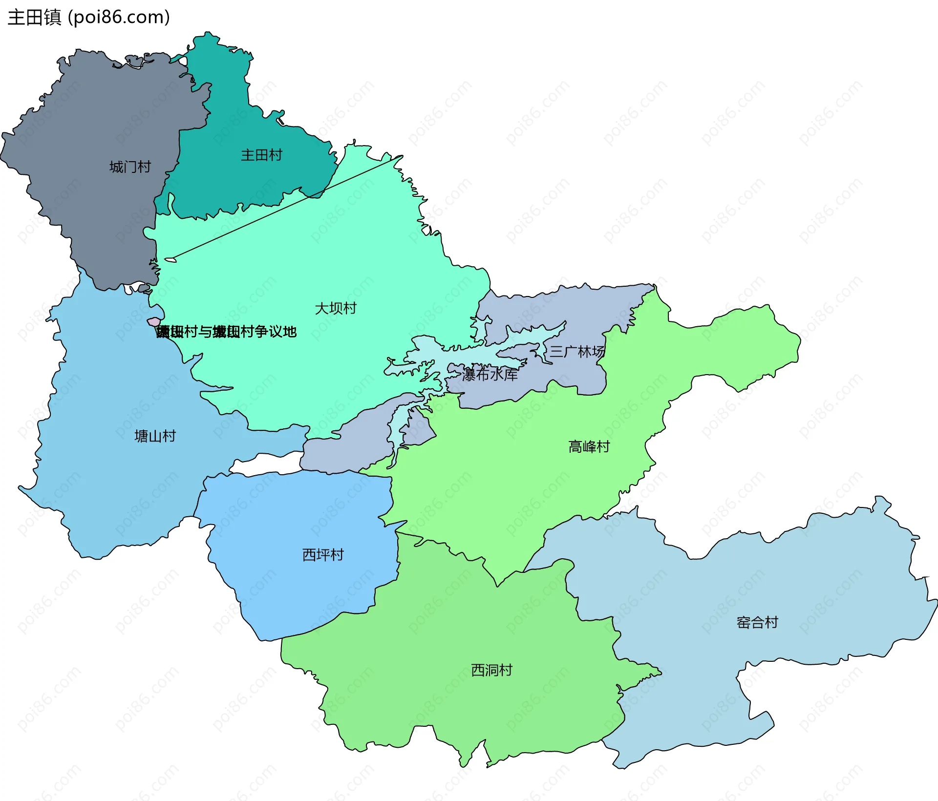主田镇边界地图(五级行政区划)