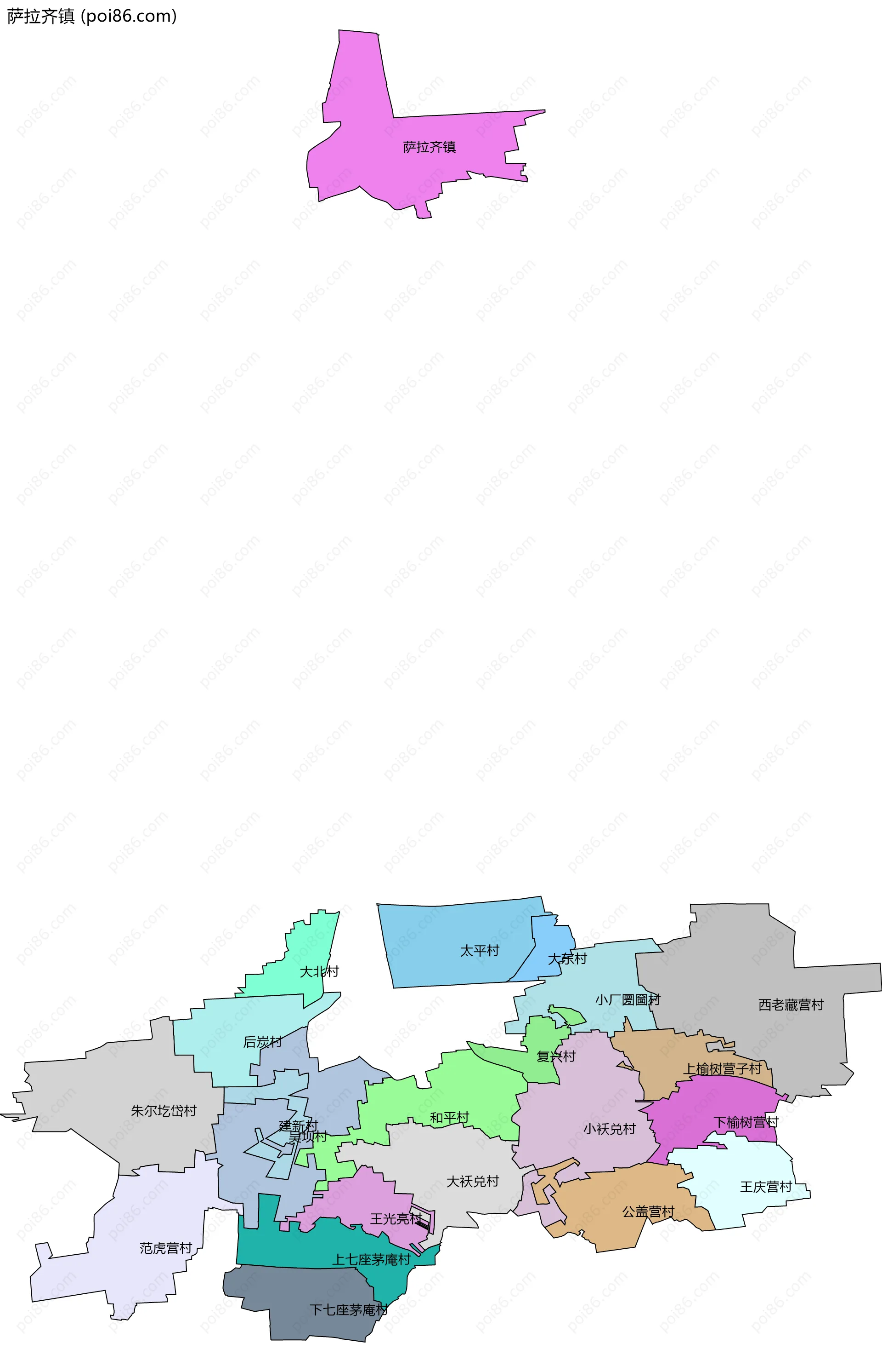 萨拉齐镇边界地图(五级行政区划)