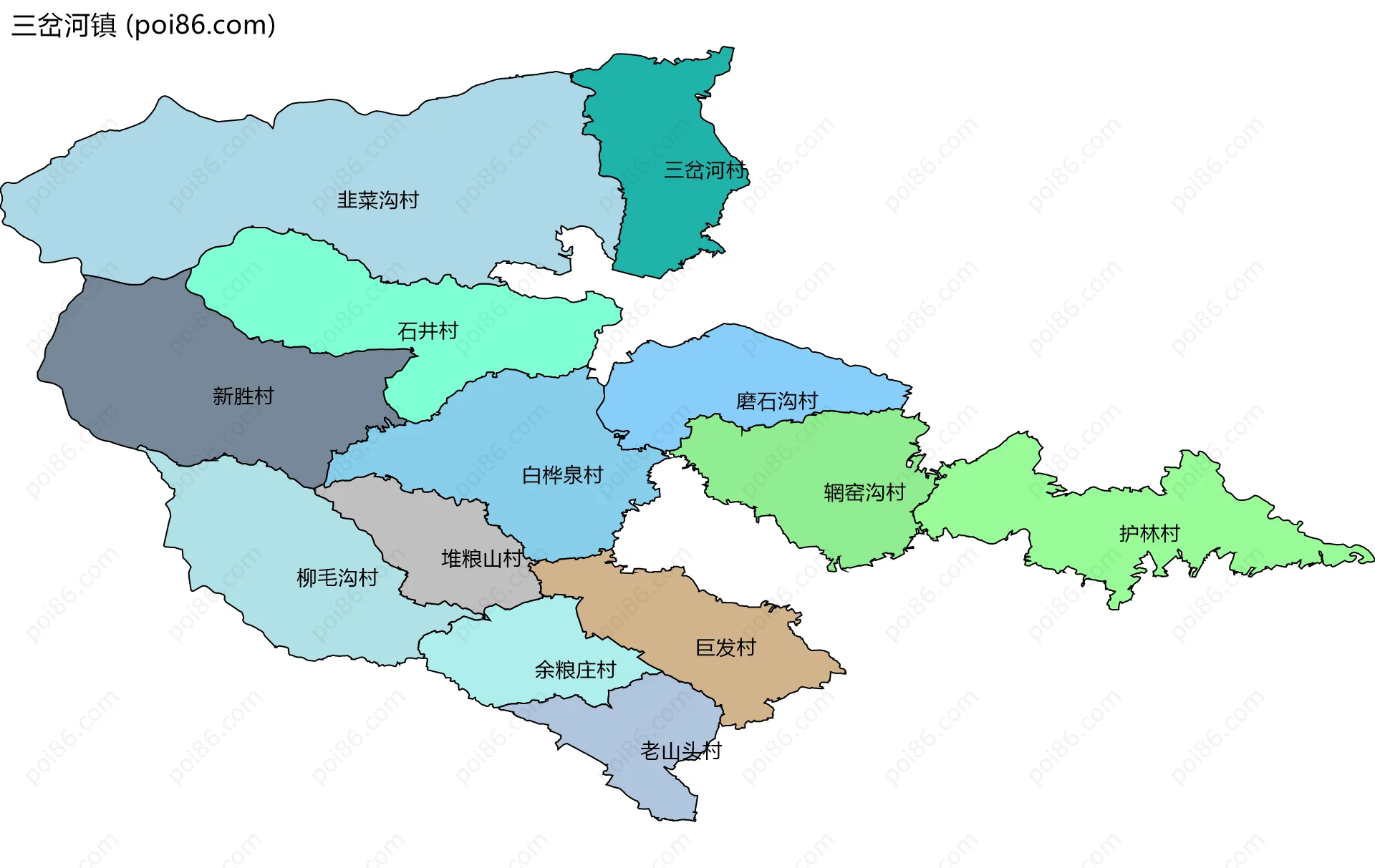 三岔河镇边界地图(五级行政区划)