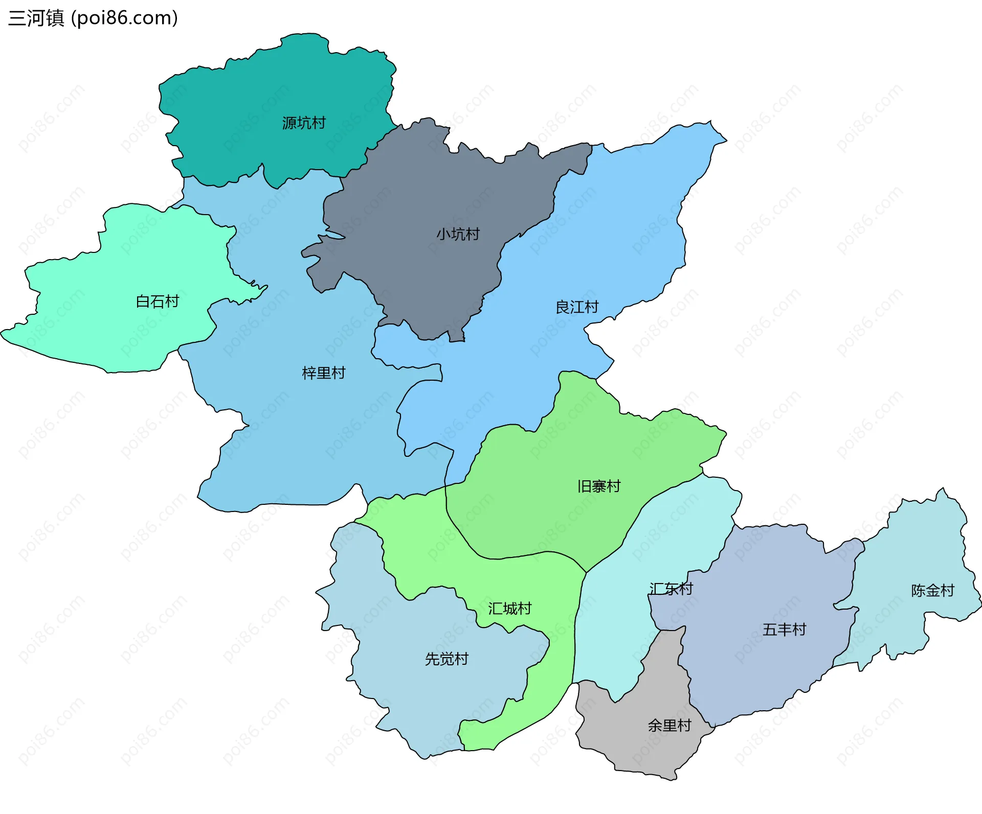 三河镇边界地图(五级行政区划)