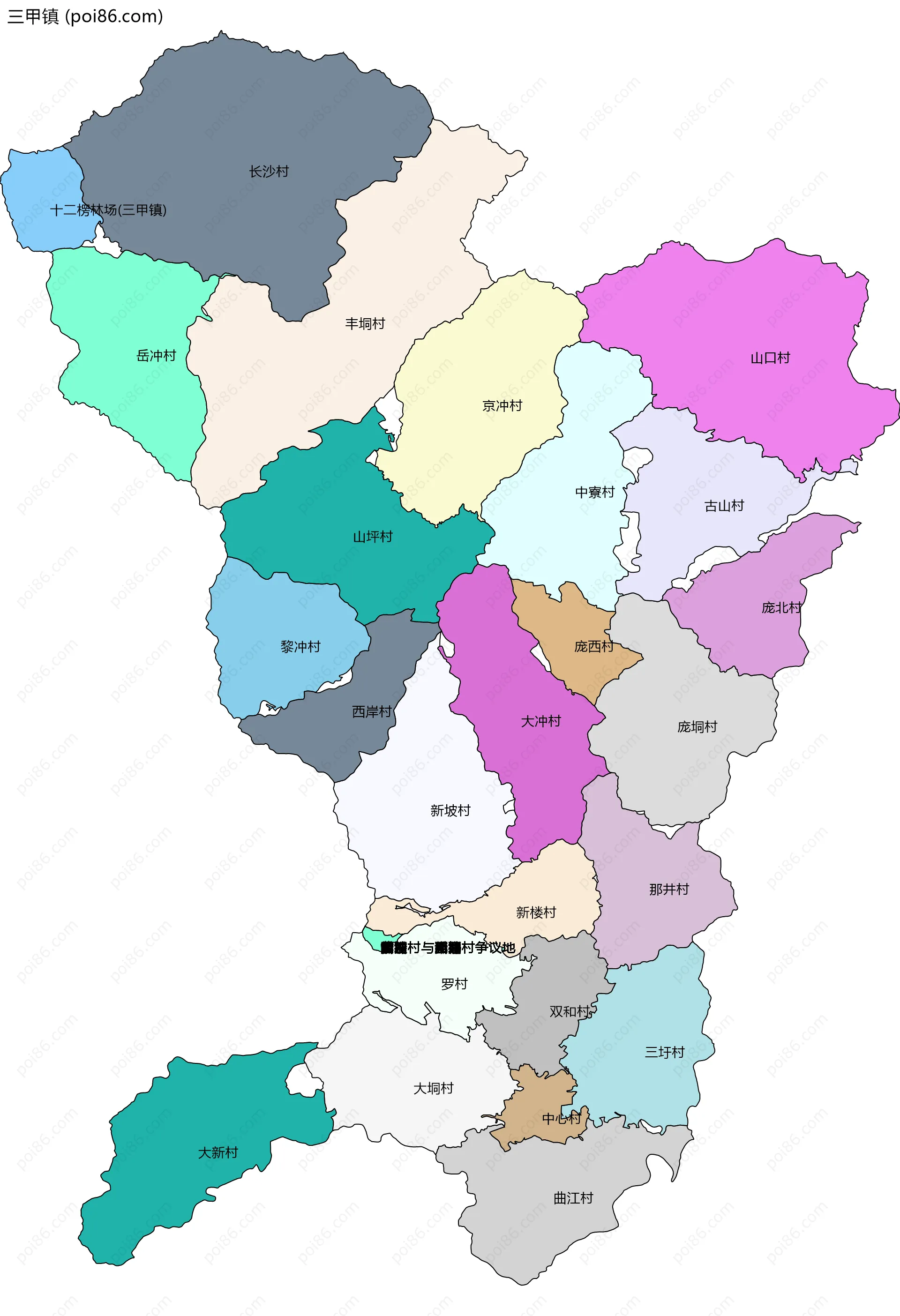 三甲镇边界地图(五级行政区划)