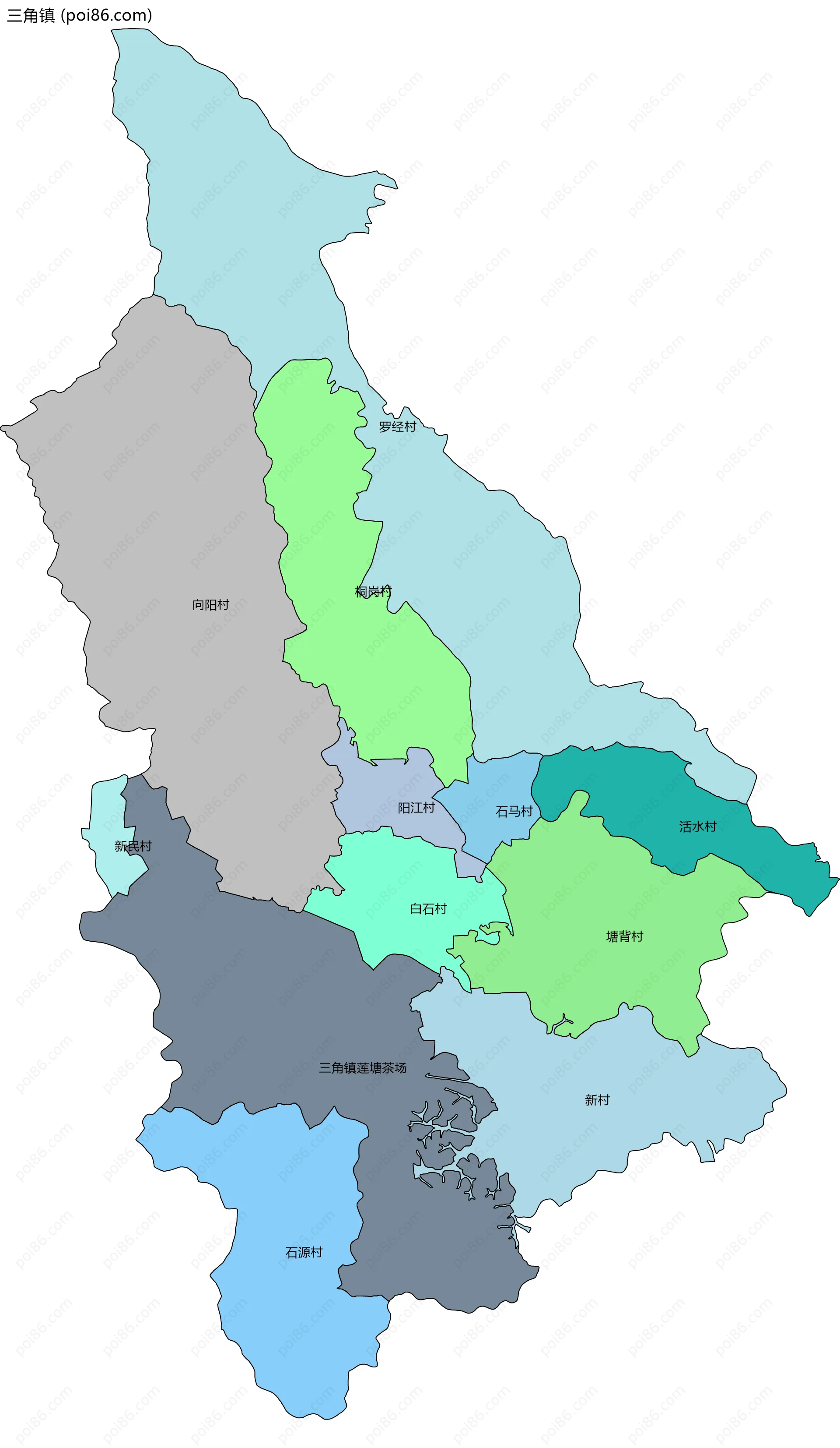 三角镇边界地图(五级行政区划)