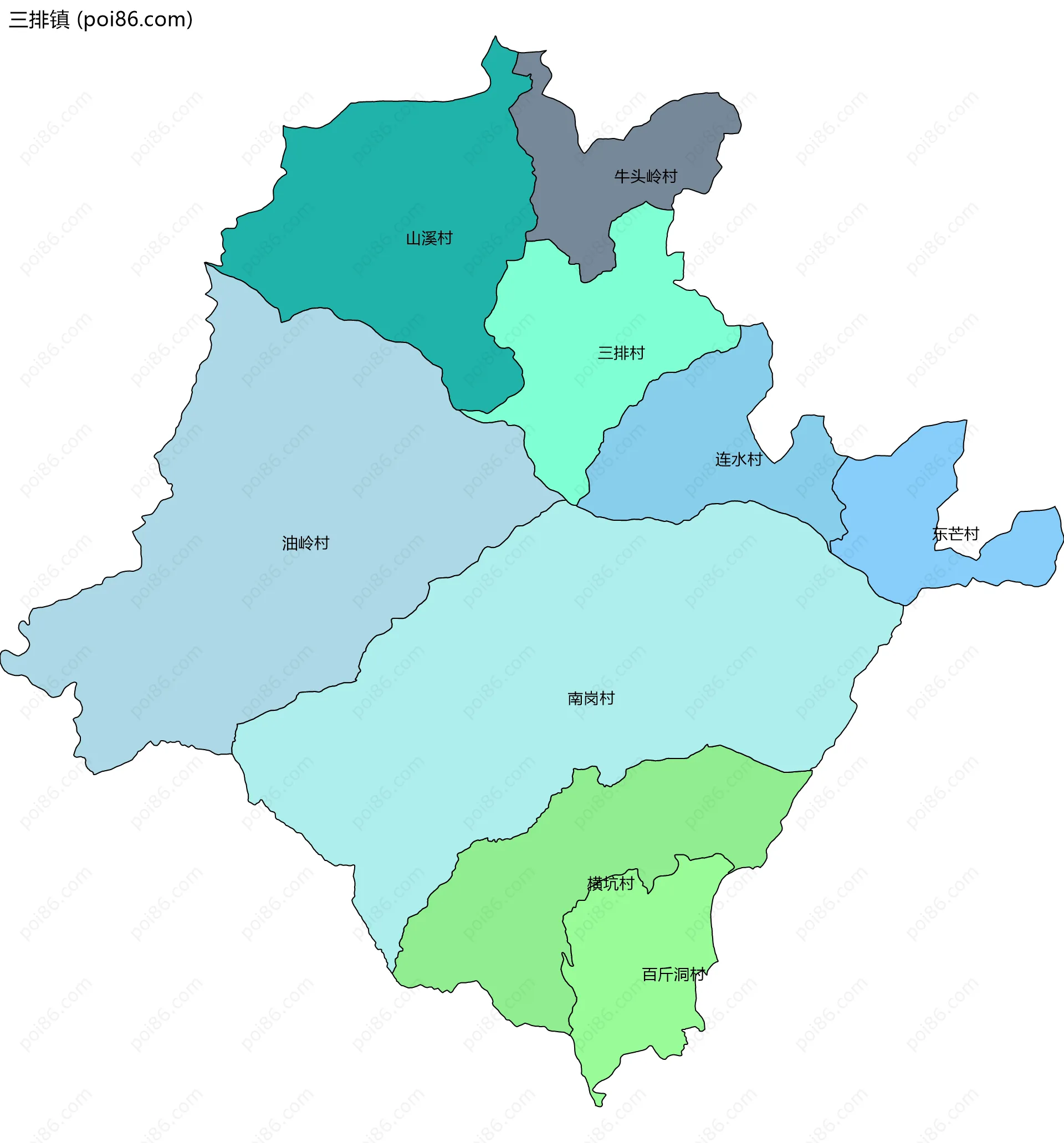 三排镇边界地图(五级行政区划)