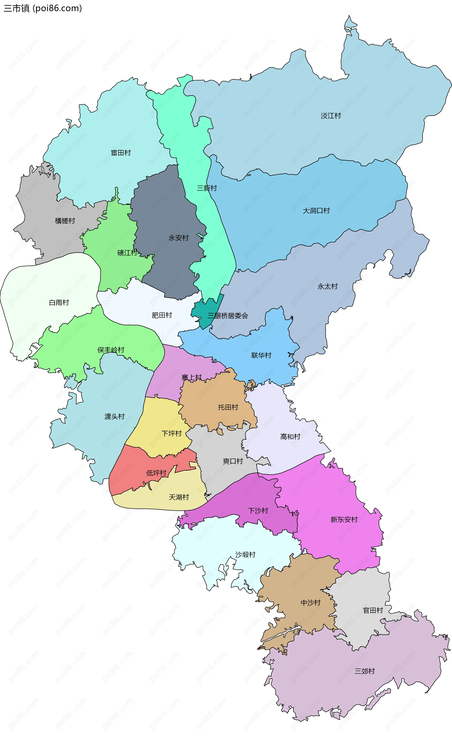 三市镇边界地图(五级行政区划)