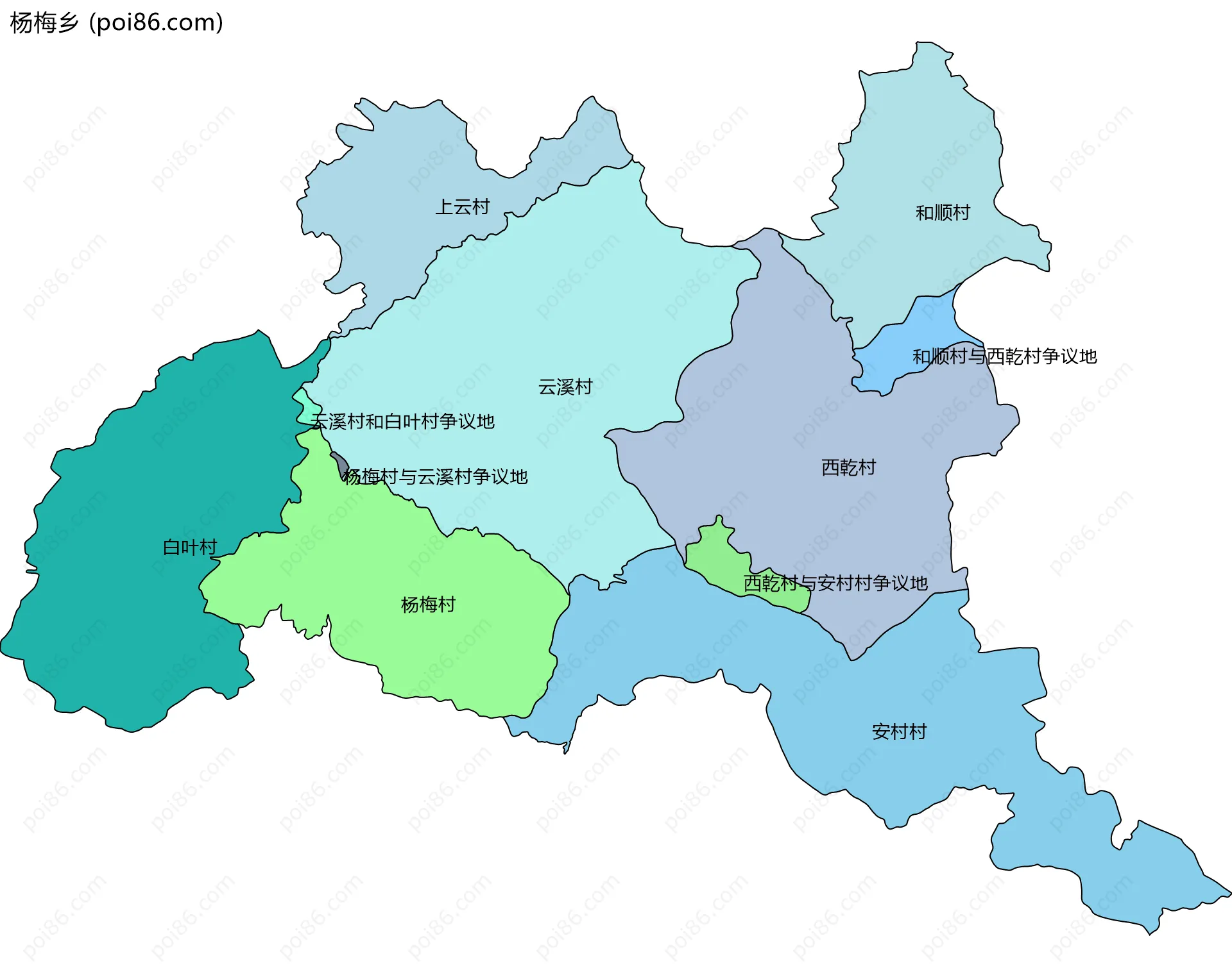 杨梅乡边界地图(五级行政区划)