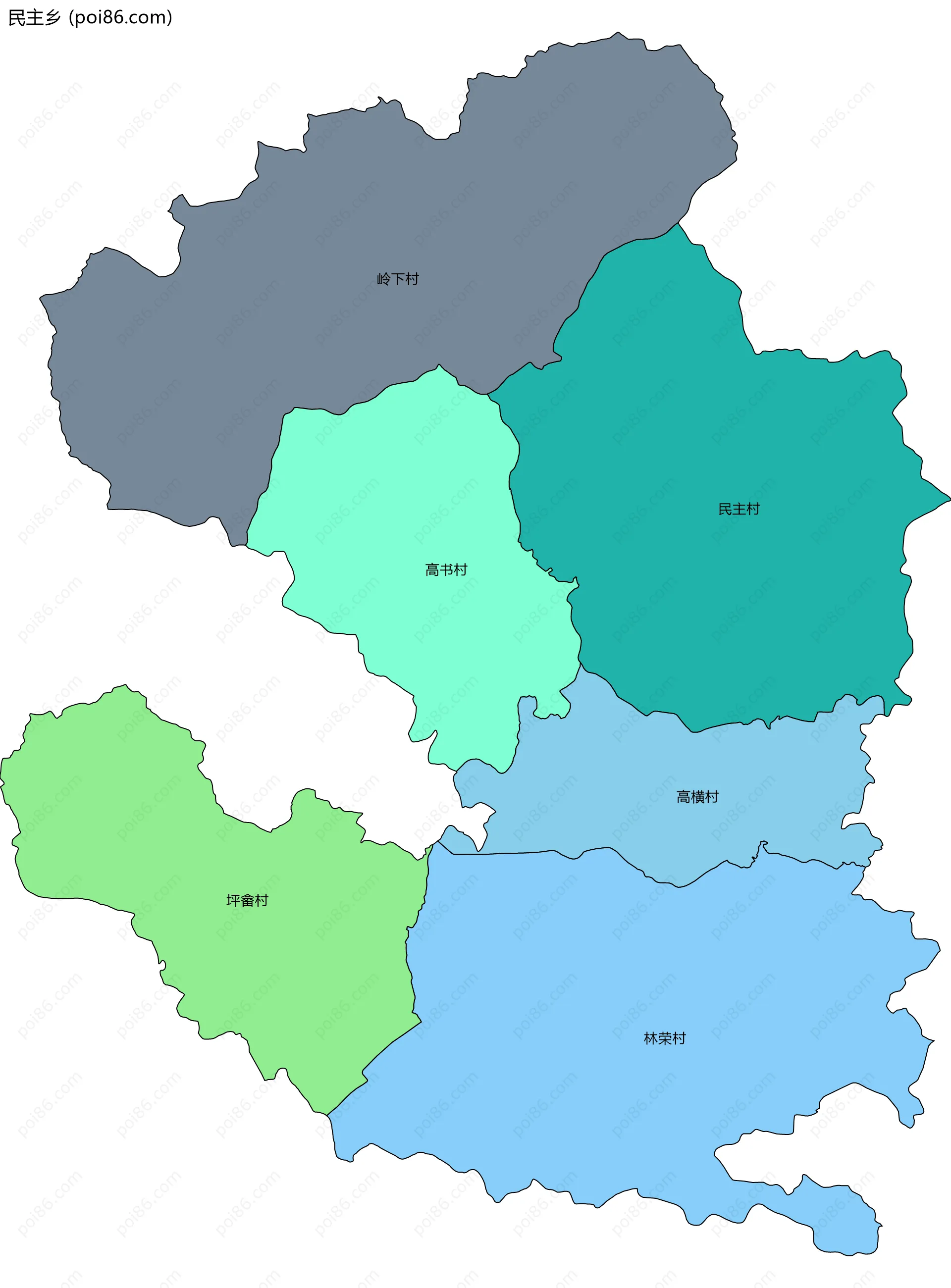 民主乡边界地图(五级行政区划)