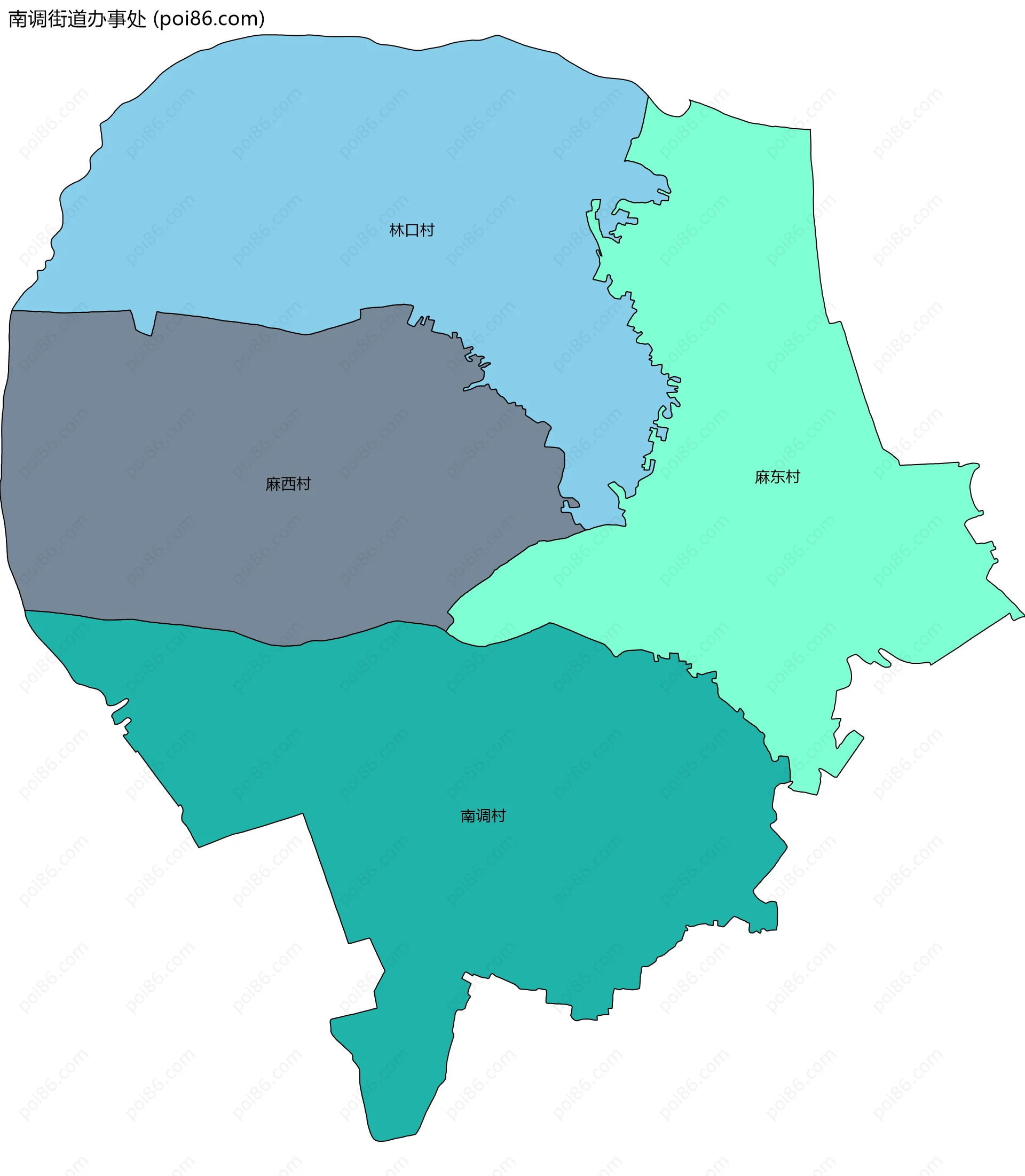 南调街道办事处边界地图(五级行政区划)