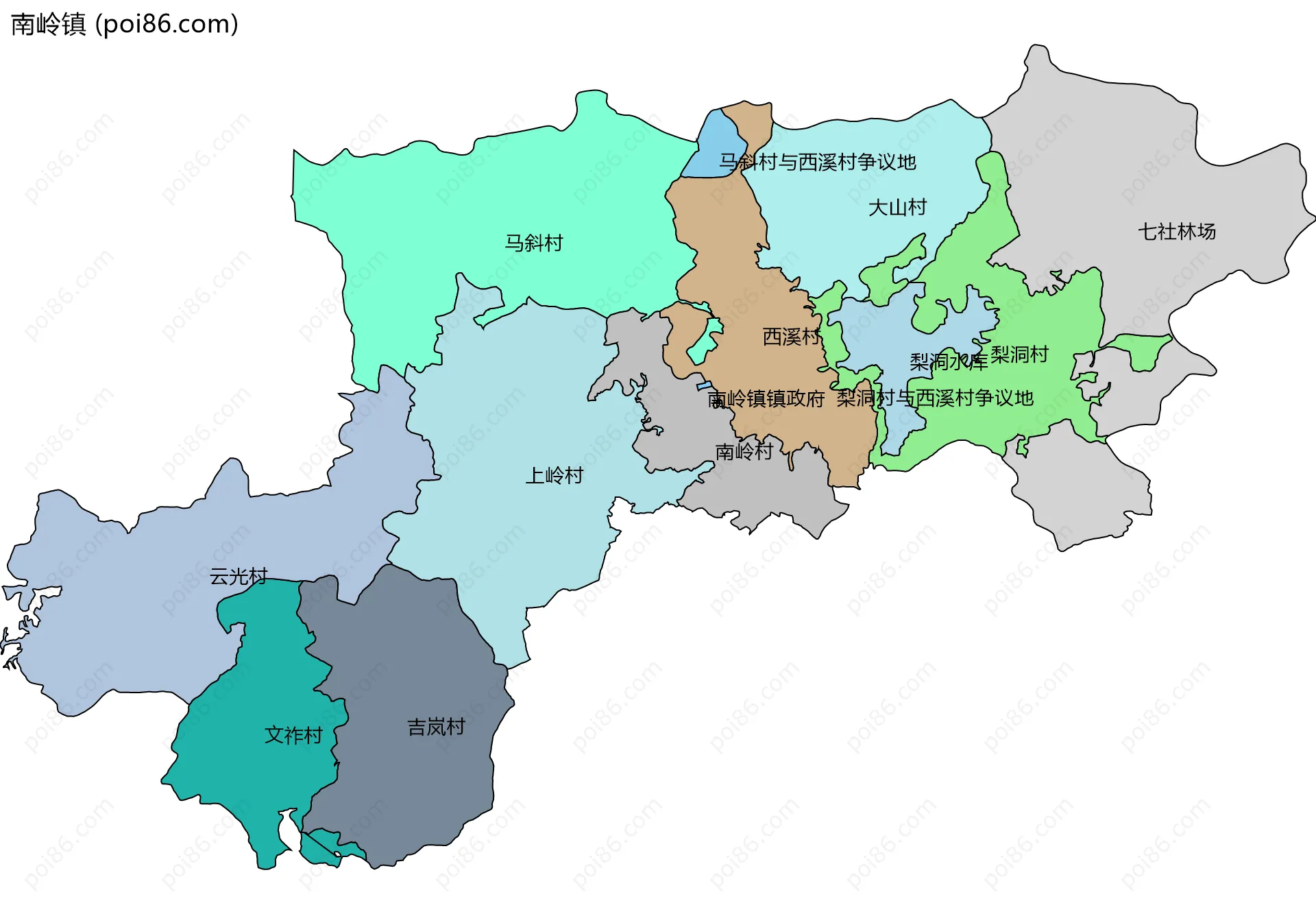 南岭镇边界地图(五级行政区划)