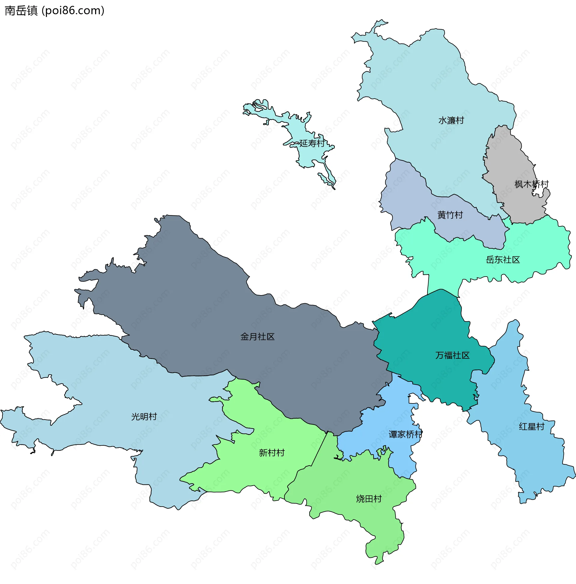 南岳镇边界地图(五级行政区划)