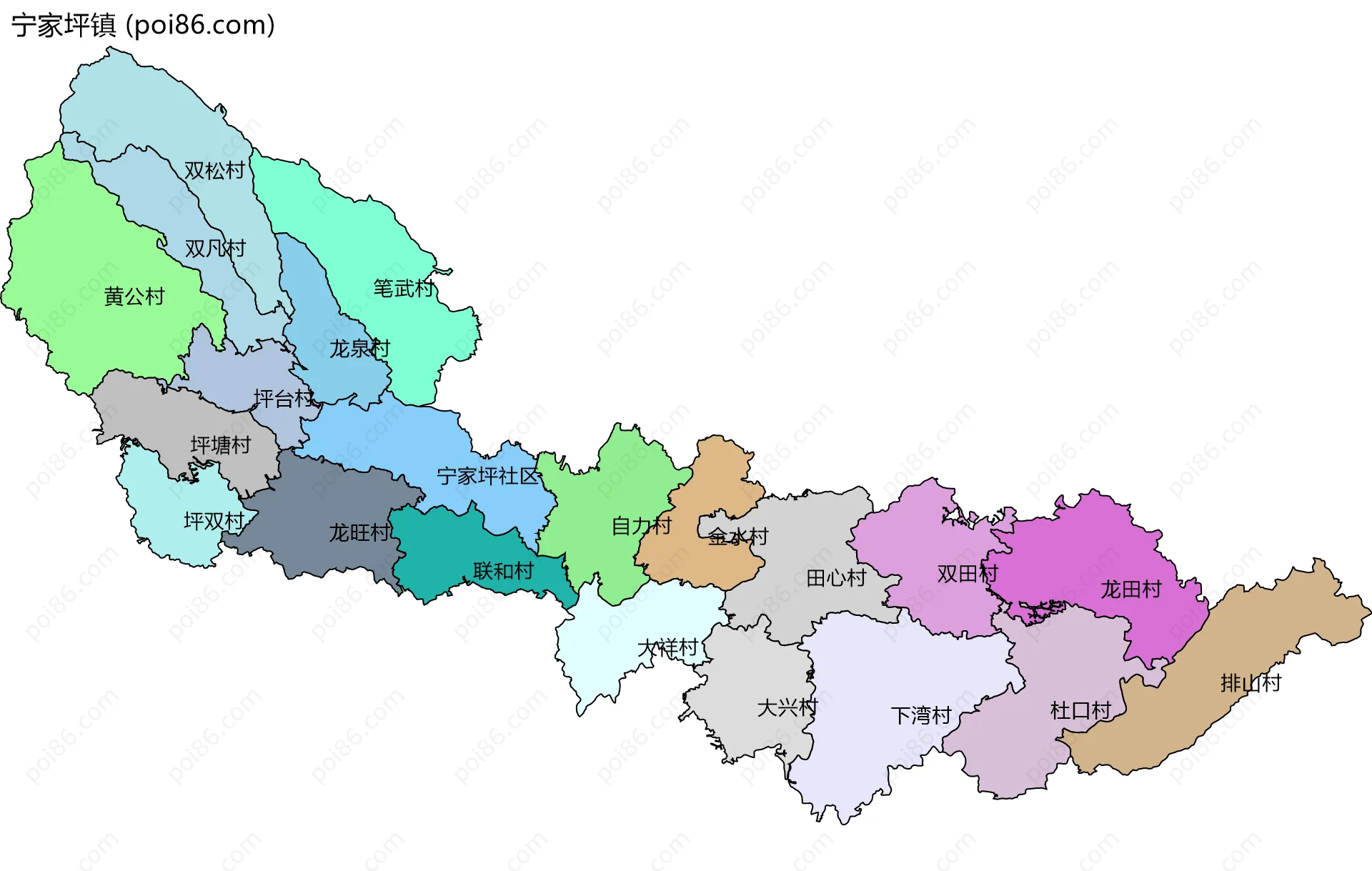 宁家坪镇边界地图(五级行政区划)