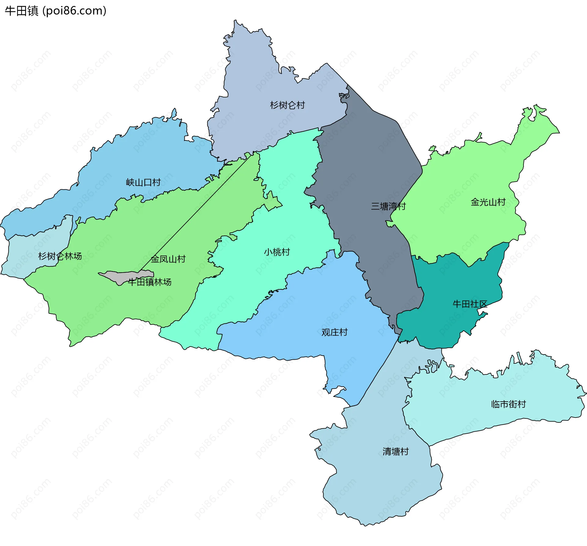 牛田镇边界地图(五级行政区划)