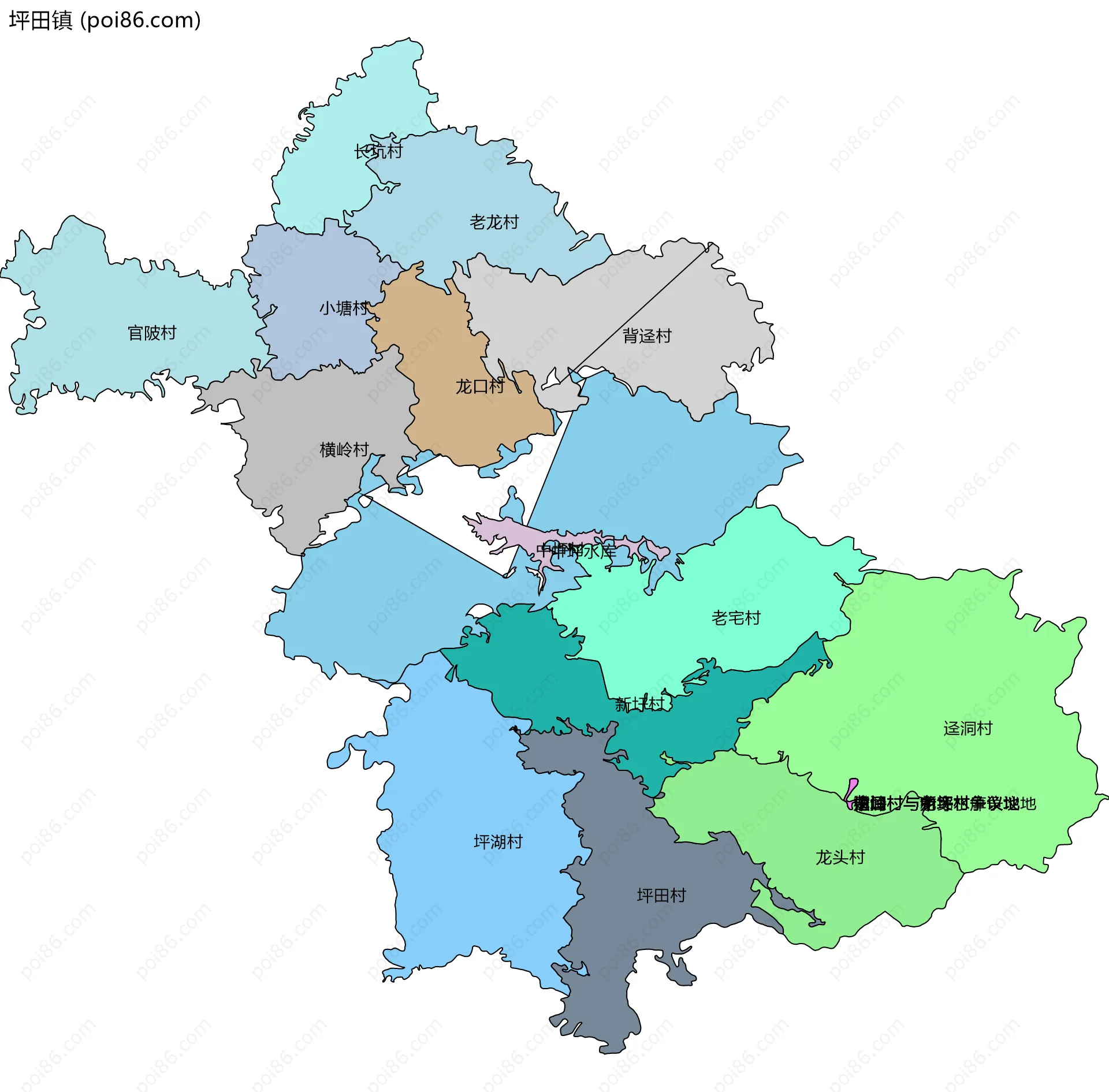 坪田镇边界地图(五级行政区划)