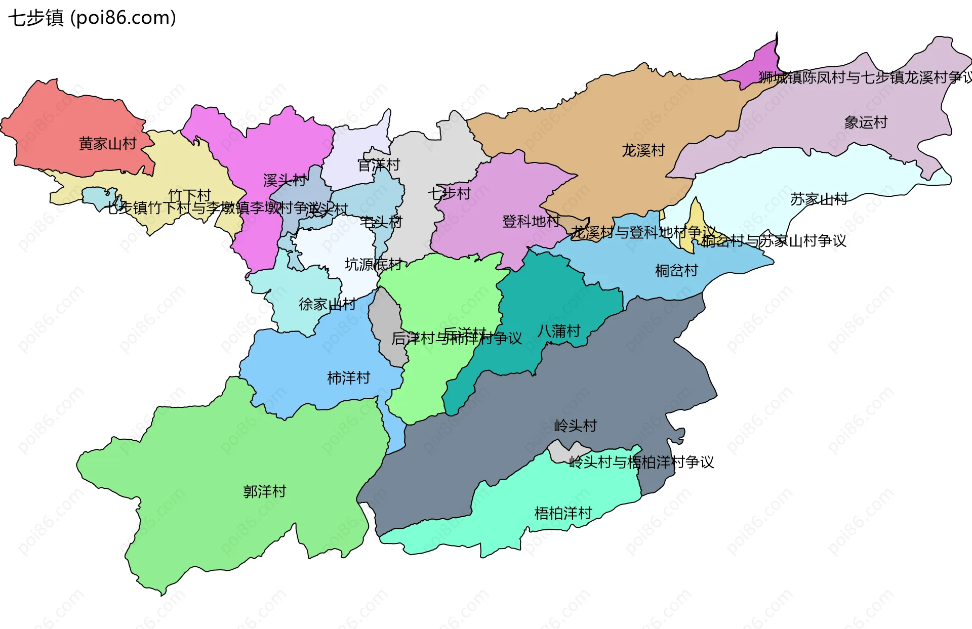 七步镇边界地图(五级行政区划)