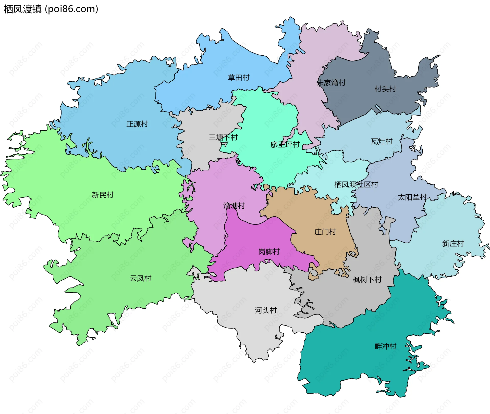 栖凤渡镇边界地图(五级行政区划)