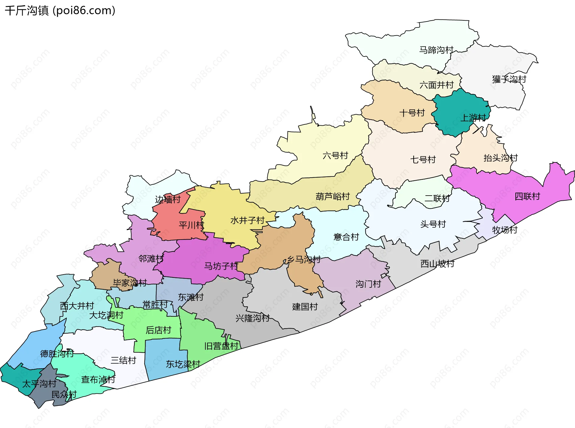 千斤沟镇边界地图(五级行政区划)