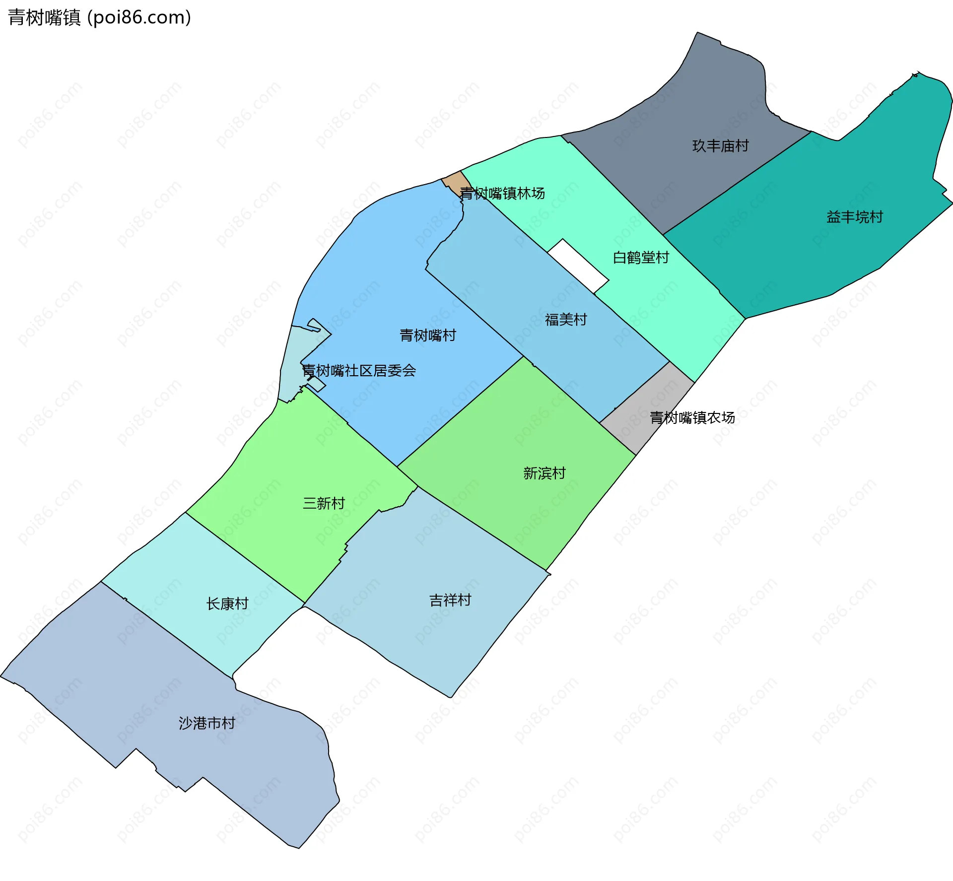 青树嘴镇边界地图(五级行政区划)