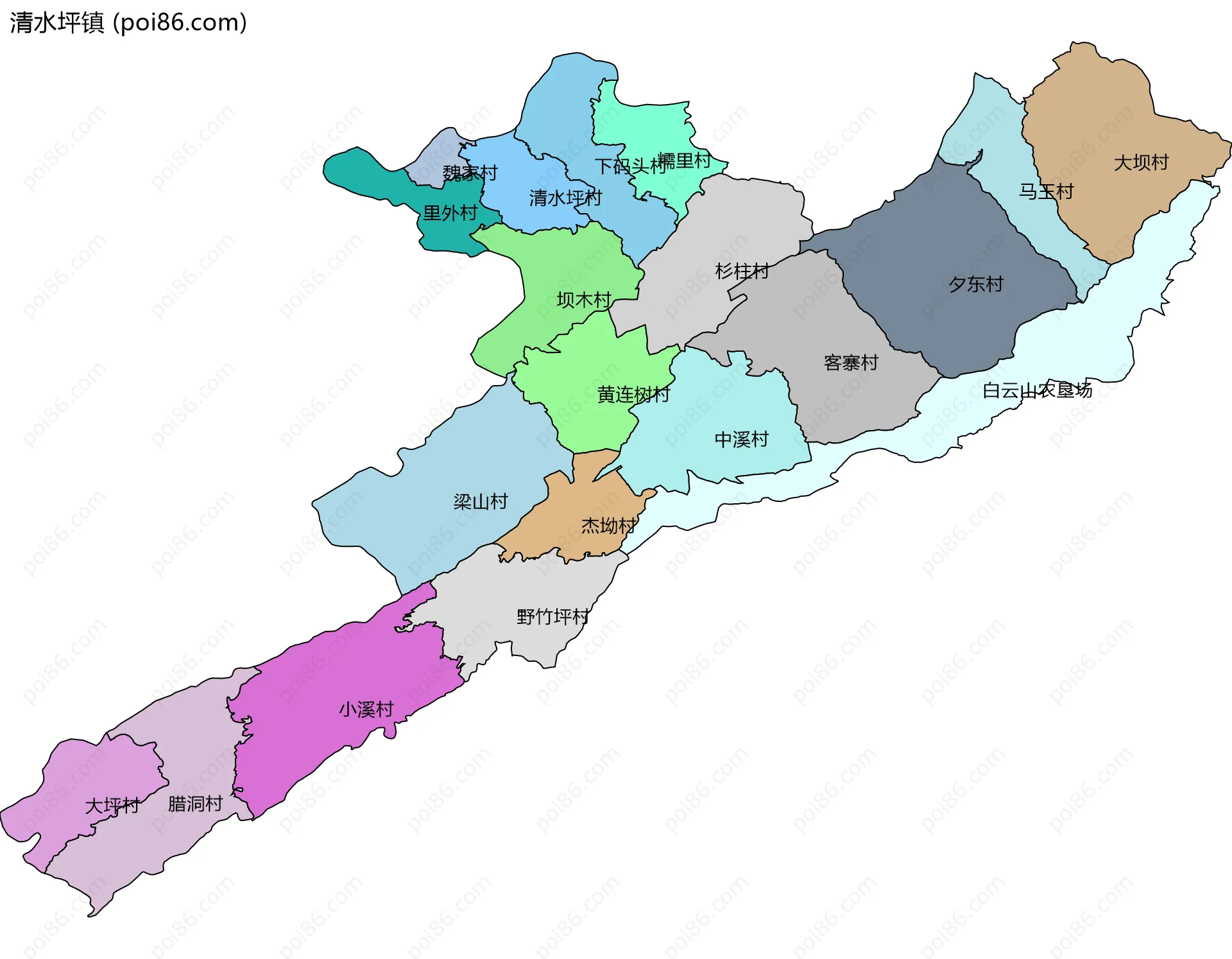 清水坪镇边界地图(五级行政区划)