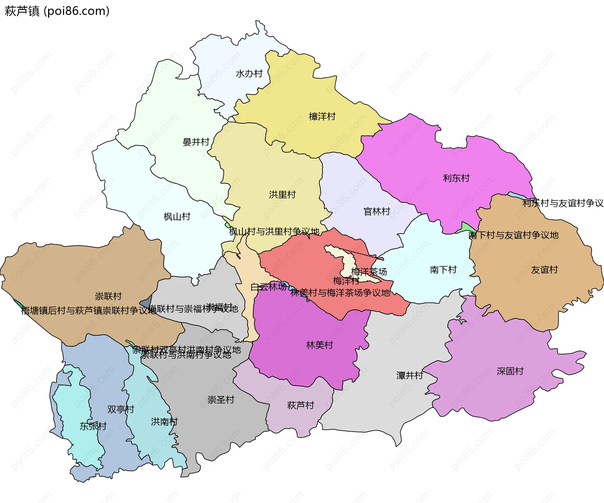 萩芦镇边界地图(五级行政区划)