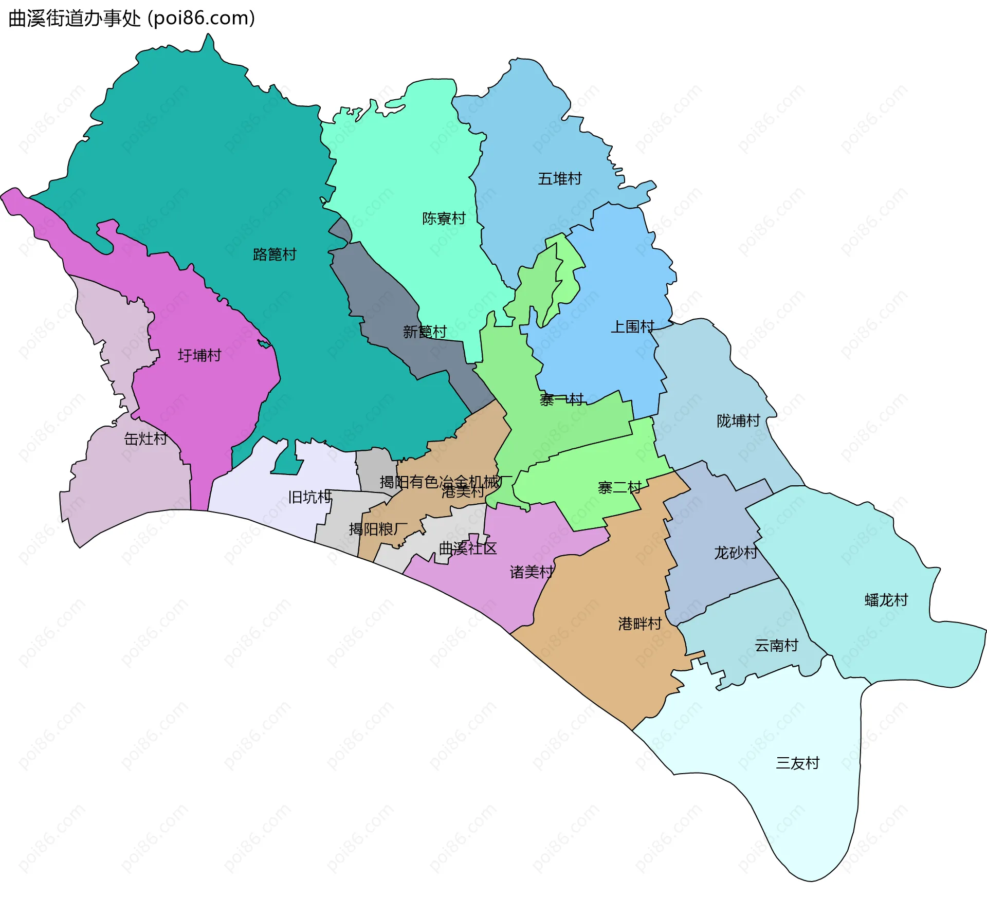 曲溪街道办事处边界地图(五级行政区划)