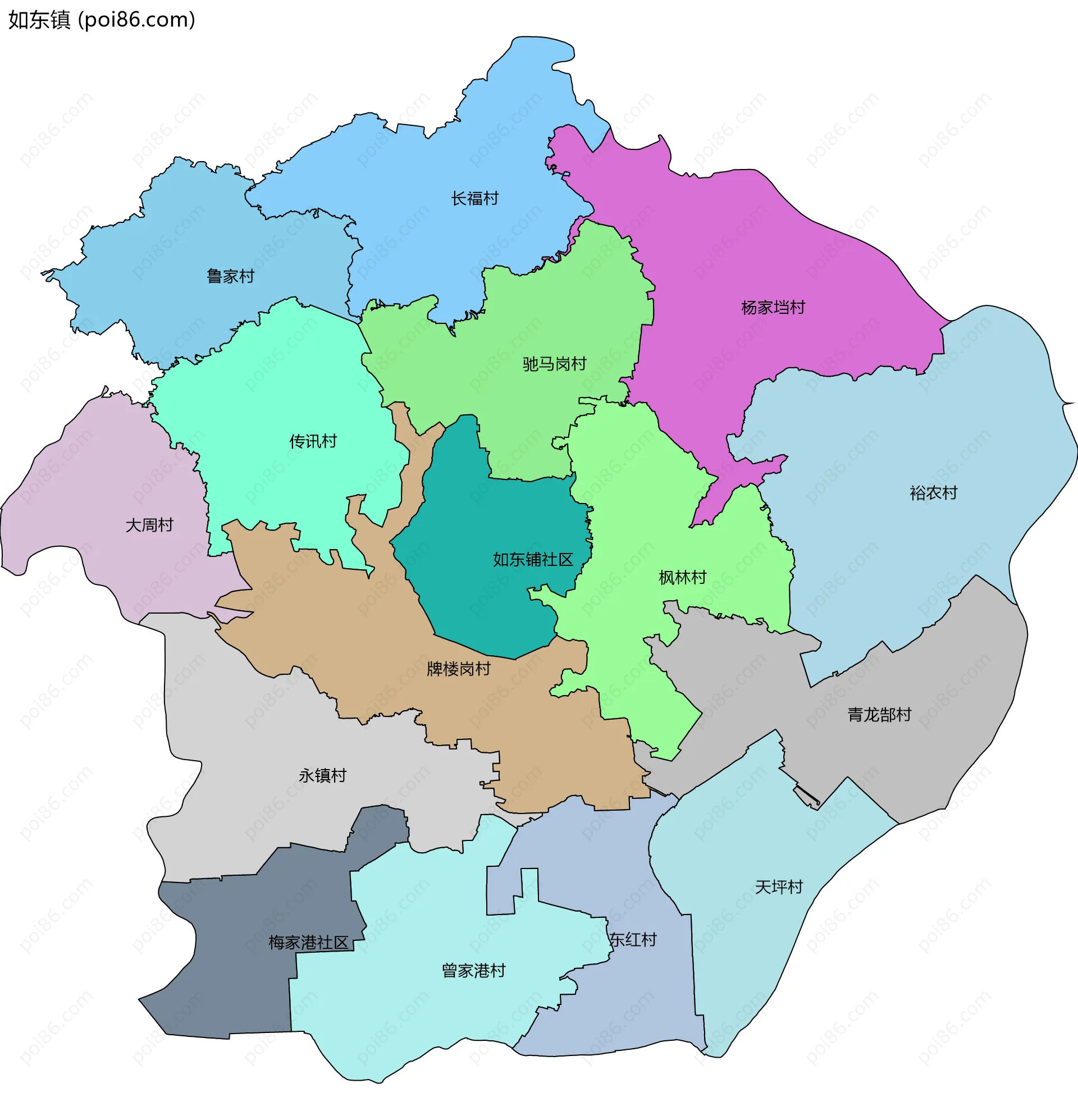 如东镇边界地图(五级行政区划)