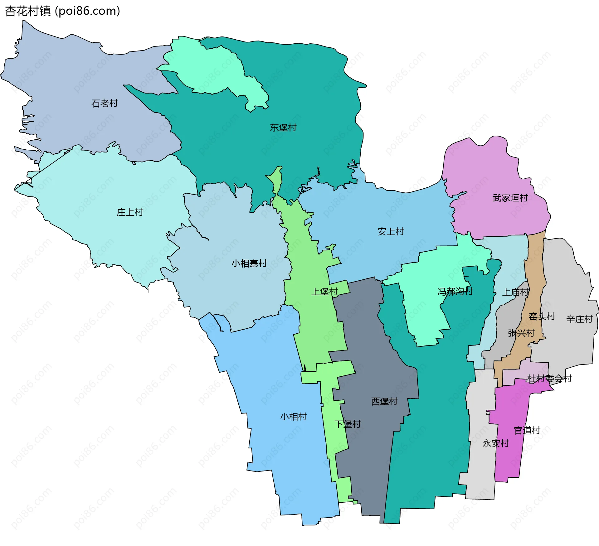 杏花村镇边界地图(五级行政区划)