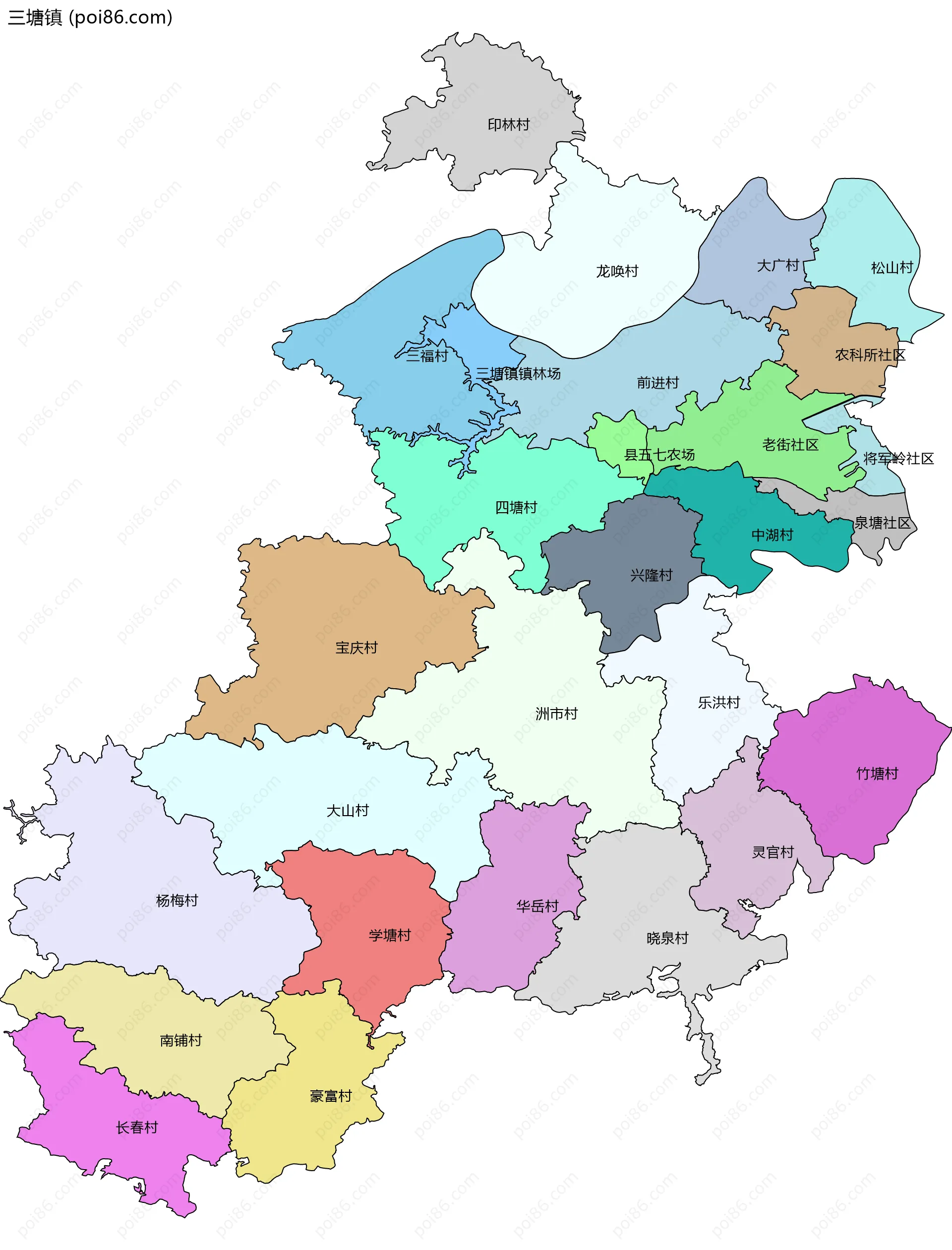 三塘镇边界地图(五级行政区划)