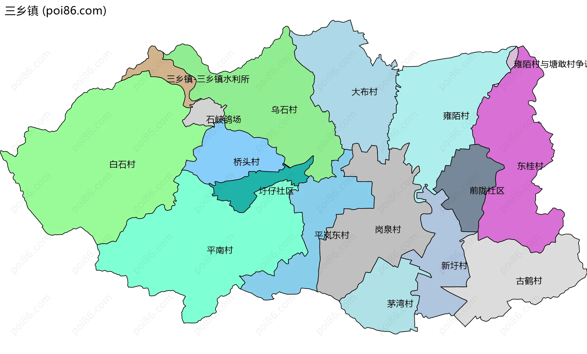 三乡镇边界地图(五级行政区划)