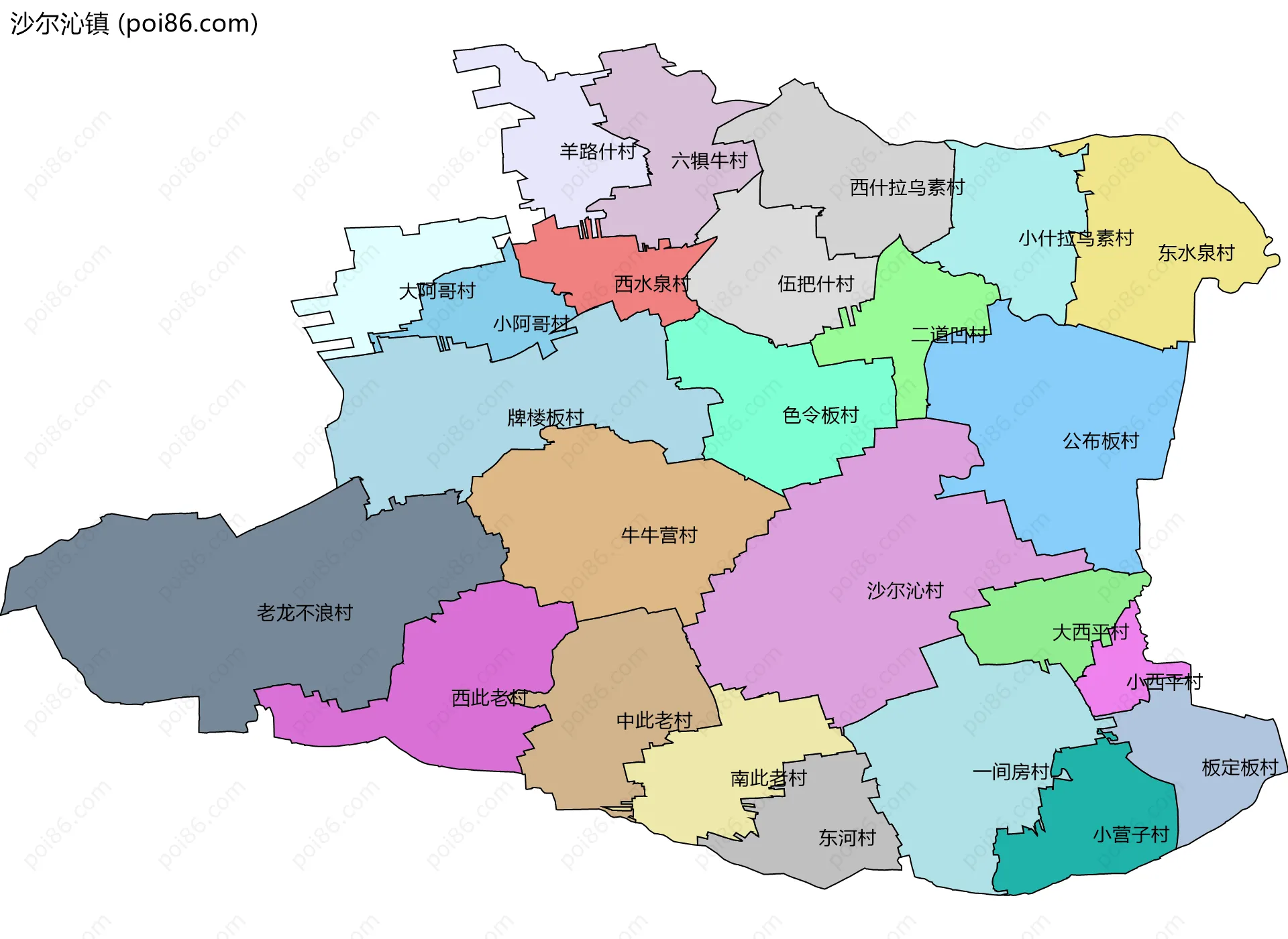 沙尔沁镇边界地图(五级行政区划)