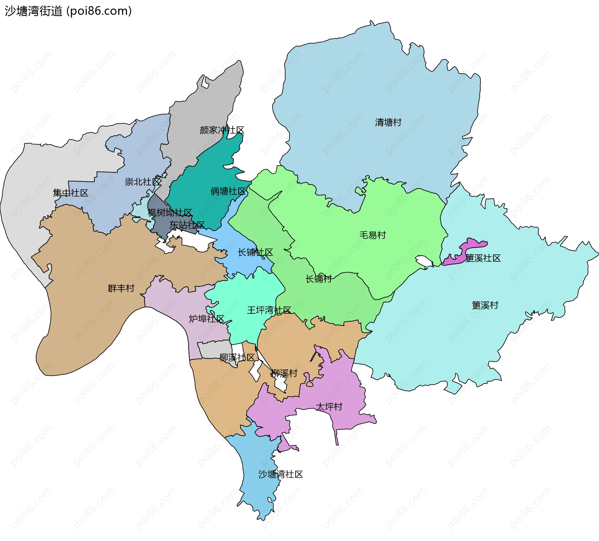 沙塘湾街道边界地图(五级行政区划)